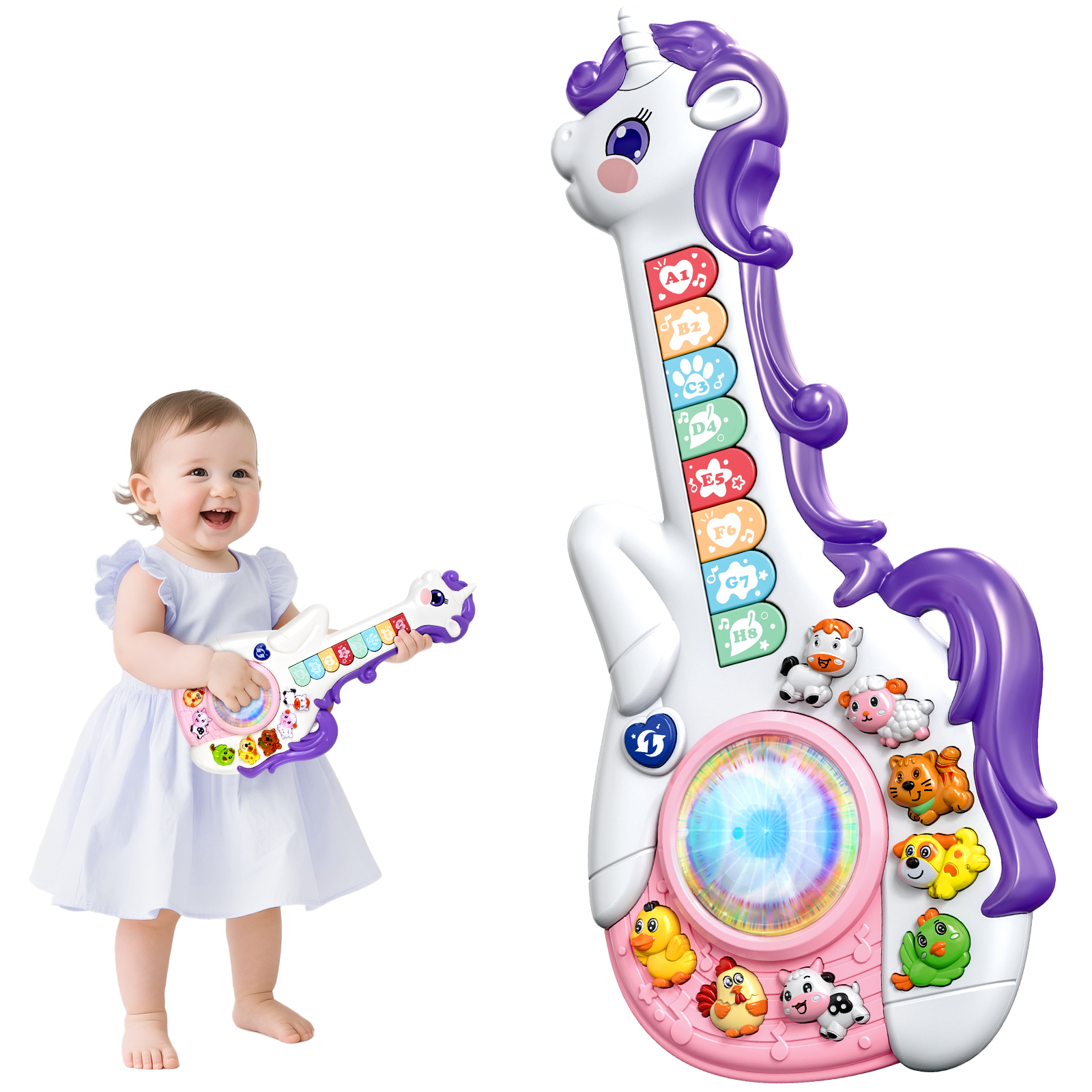 thumbnail video image 2 of Marstone Toys for 1 2 Year Old Girl Birthday Gifts: Baby Musical Unicorn Toys 12-18 Months, Educational Cartoon Guitar for Toddler Boy Kids 1-3, 2 of 7
