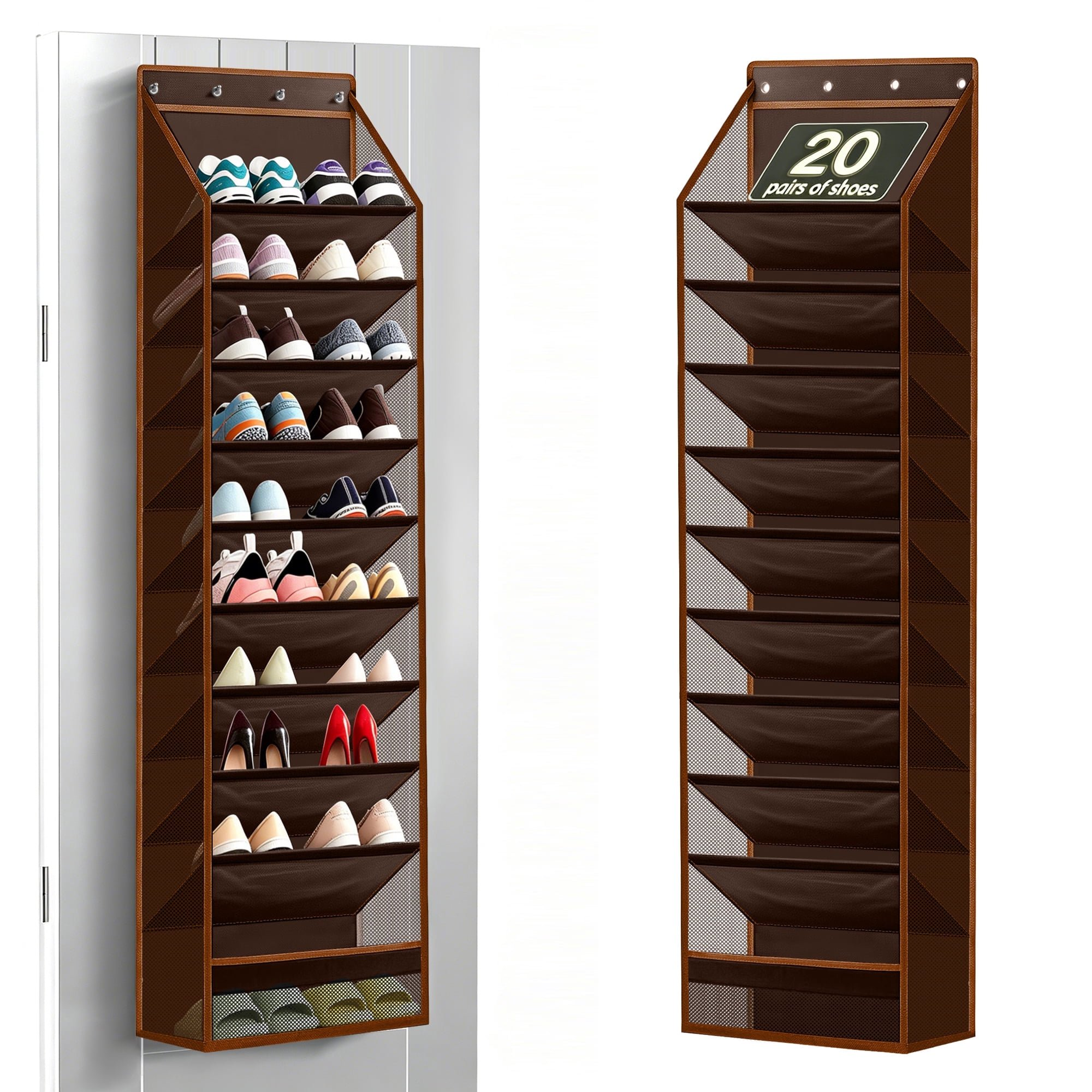 thumbnail video image 2 of OGGDUJW 10-Tier Over the Door Shoe Organizer, Hanging Shoe Rack for Closet with Deep Pockets, Holds 20+ Pairs of Sneakers, Boots & Heels, Dark Brown, 2 of 8