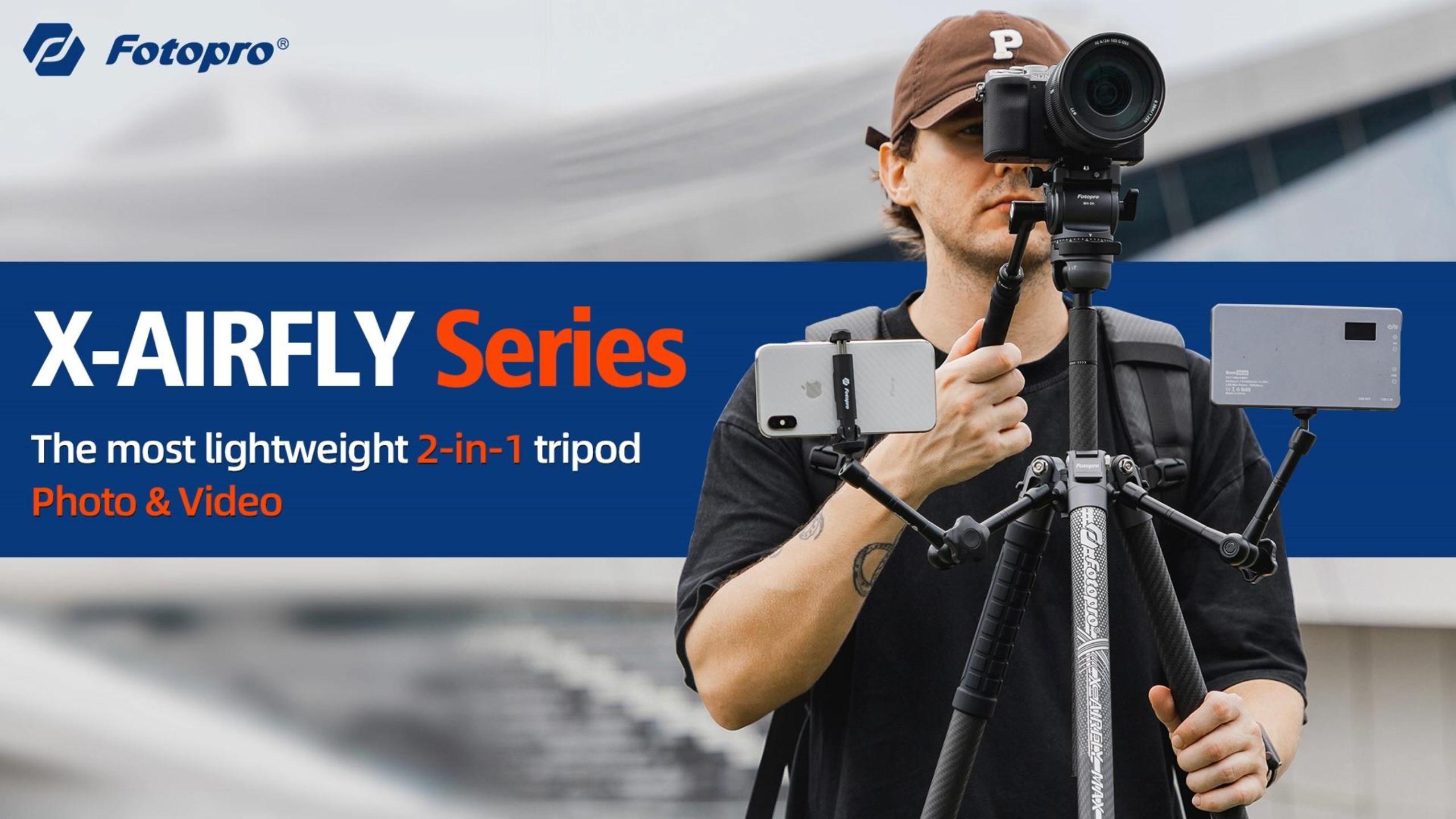 thumbnail video image 2 of Fotopro X-Airfly Video 64.6" Carbon Fiber Tripod with Ball Head & Fluid Head, 5-Sec Lightweight Compact Camera Tripod Stand for Travel, Low Angel Shooting, Hidden Phone Clip, Max Load 10 lbs, Orange, 2 of 9