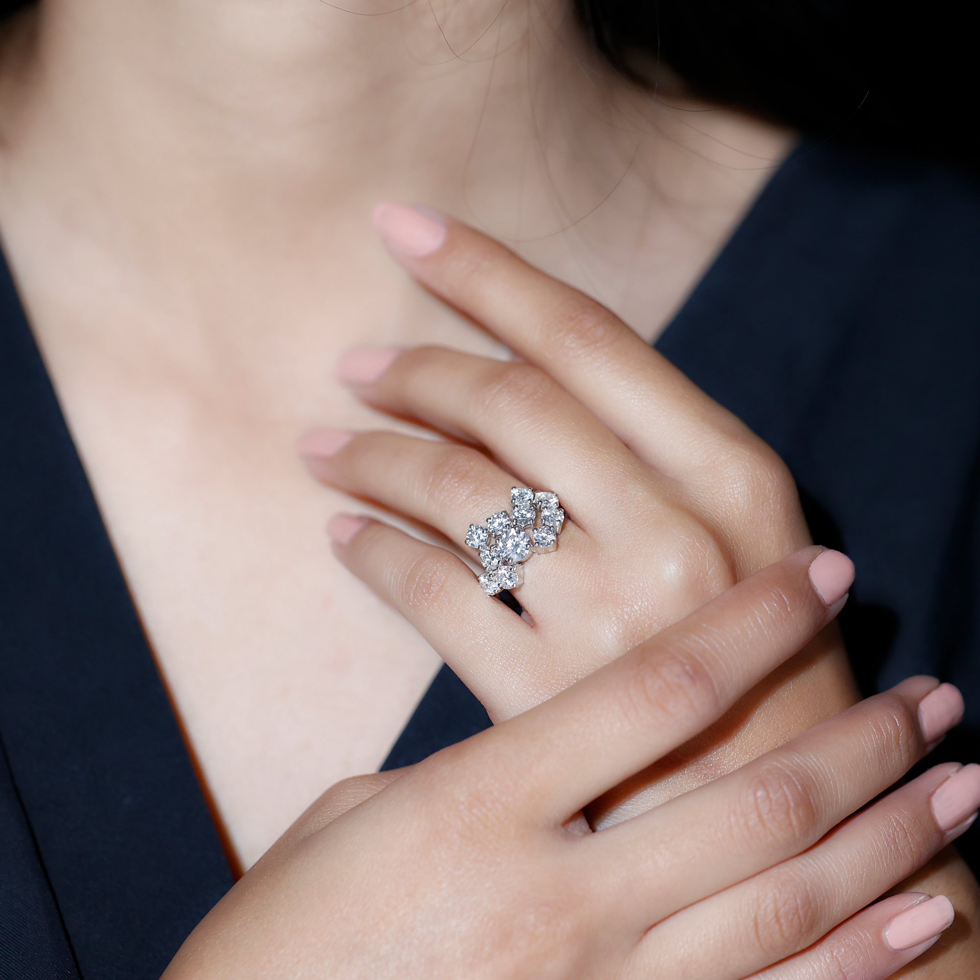 thumbnail video image 2 of Rosec Jewels Certified Moissanite Cluster Ring - Sterling Silver Moissanite Ring - D-VS1 Quality Certified Ring for Valentines Day, US 6.50, 2 of 9