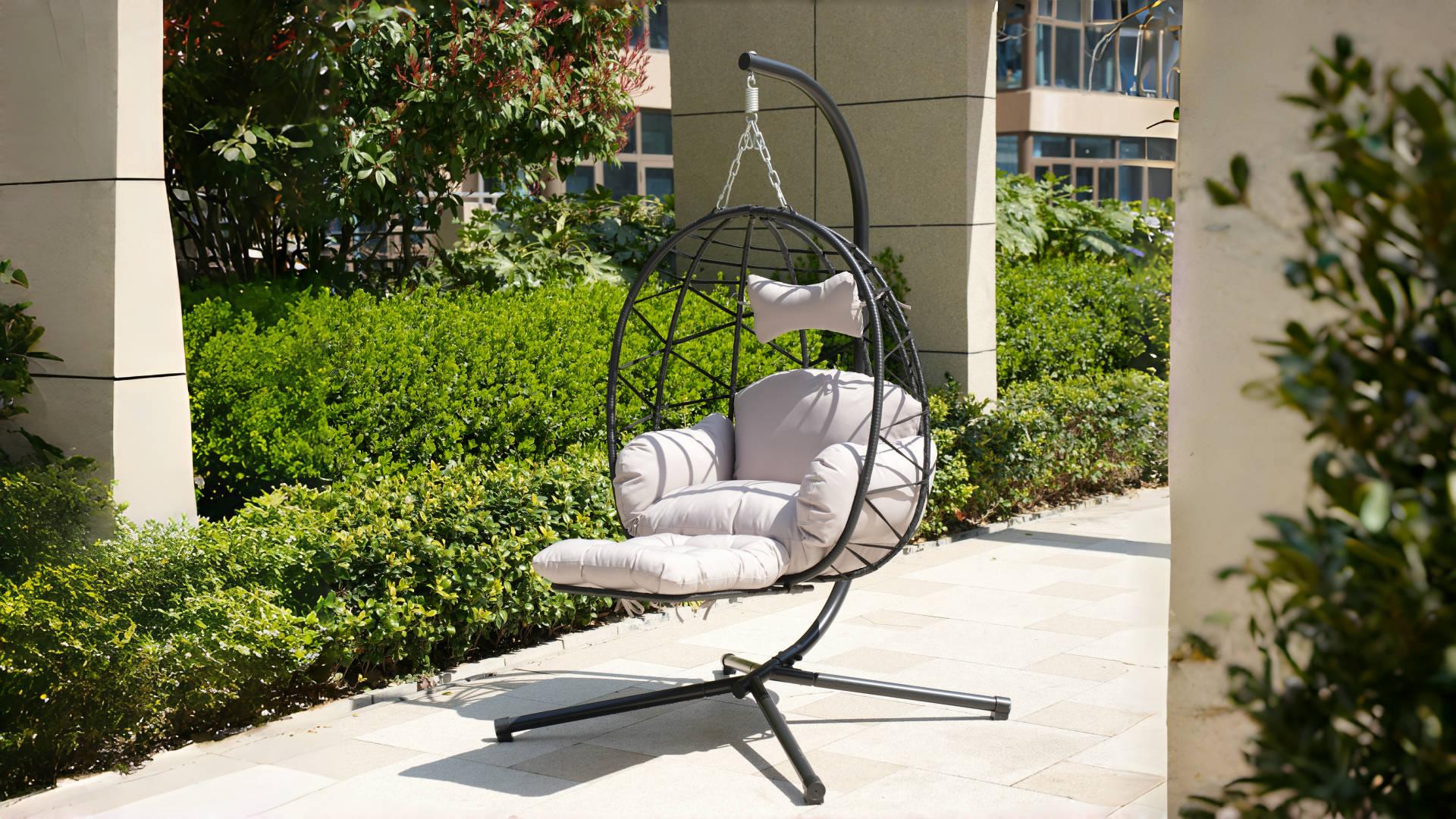 thumbnail video image 2 of FKSLIFE Rattan Egg Hanging Chair with Stand Outdoor Swing Egg Chair, Indoor Wicker Hammock Chair with Cushion, 2 of 7