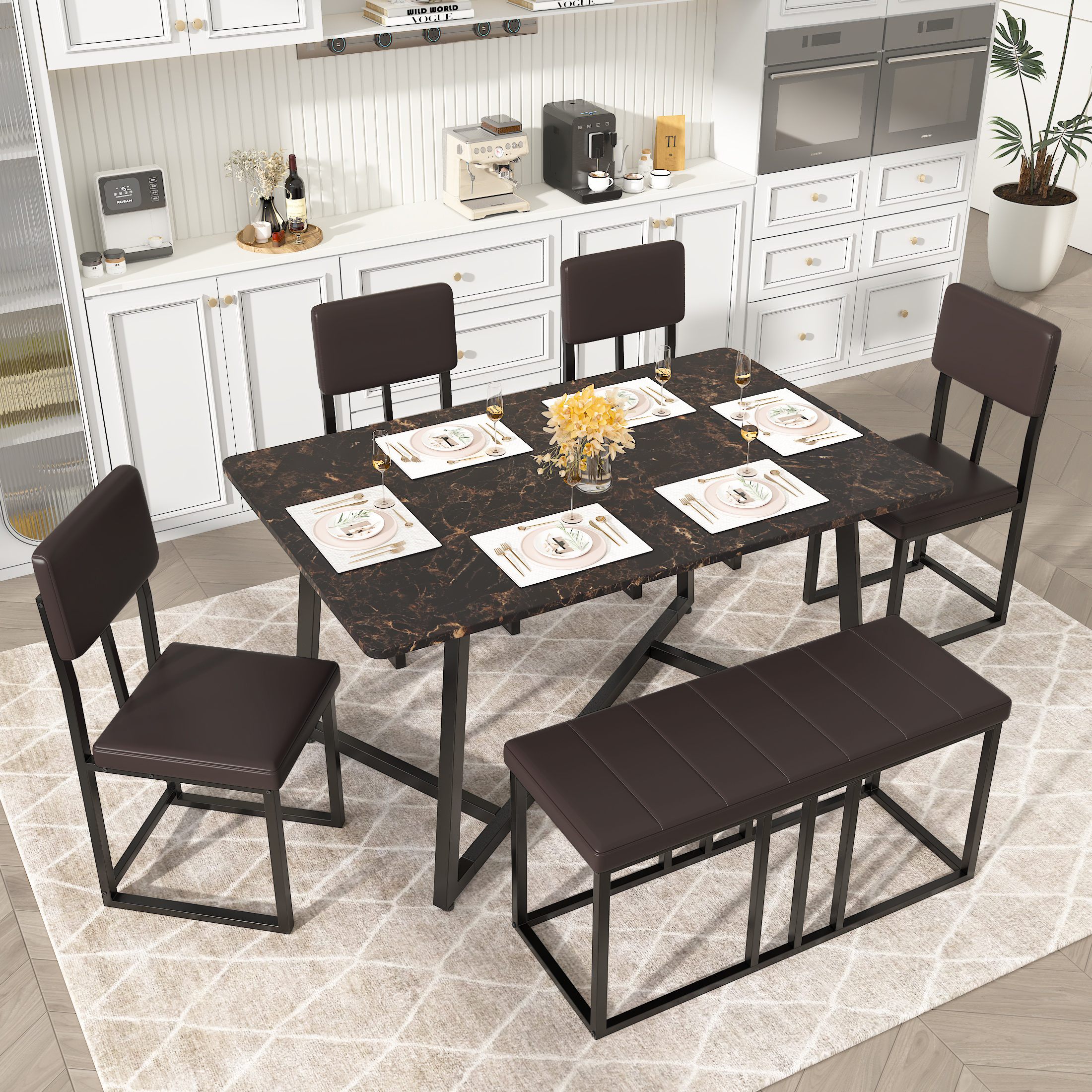 thumbnail video image 2 of 6 Piece Dining Room Table Set, Dining Table Sets for 6 with Chairs and Bench, Large Dinning Table and Chairs 4to6Set, Modern Kitchen Table Sets with Chairs for 6, Brown Table and Brown Chairs Set, 2 of 12