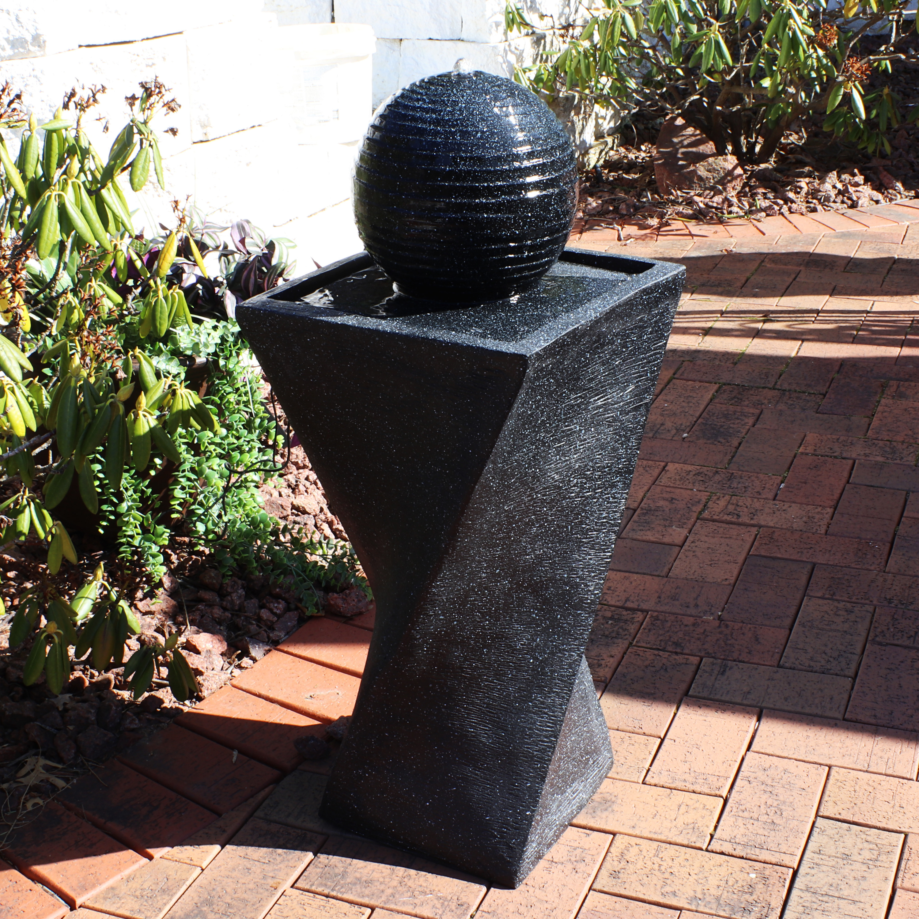 thumbnail video image 2 of Sunnydaze Ball Modern Black Polyresin Outdoor Solar Fountain with Battery and LED Light, 2 of 15