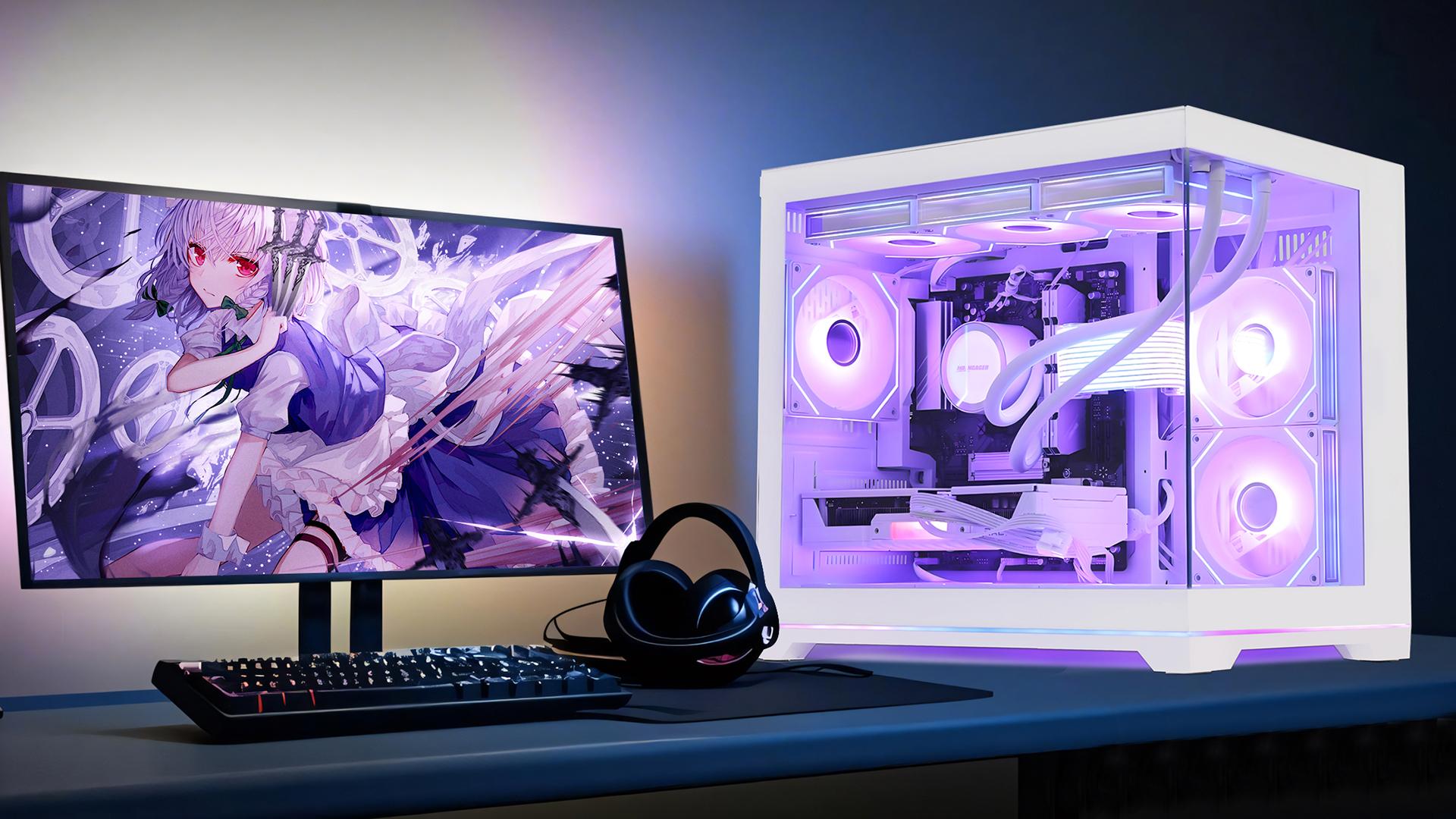 thumbnail video image 2 of Hoengager Gaming PC AMD Ryzen 7 9800X3D, Radeon RX 9060 XT 8G, 32GB DDR5, 1TB M.2 SSD, 850W PSU, RGB Liquid Cooling, RGB Fusion 2.0, Windows 11 -White, 2 of 12