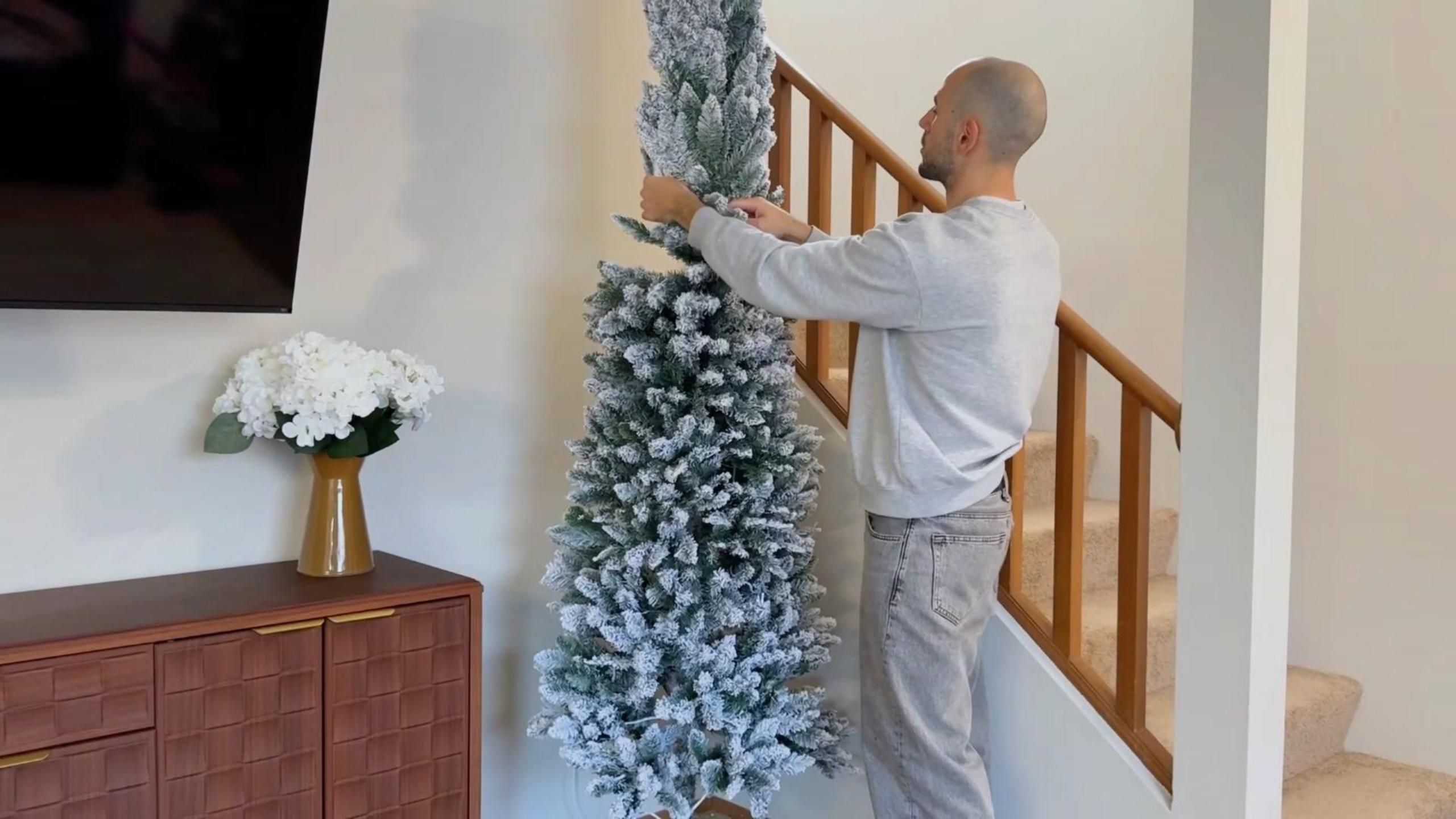 thumbnail video image 2 of Moonsun 7.5ft Pre-Lit Flocked Pencil Christmas Tree, Artificial Pencil Artificial Slim with 150 Warm White & Multicolor Lights, 831 Branch Tips, Metal Stand for Home Office Party Holiday Decor, 2 of 10