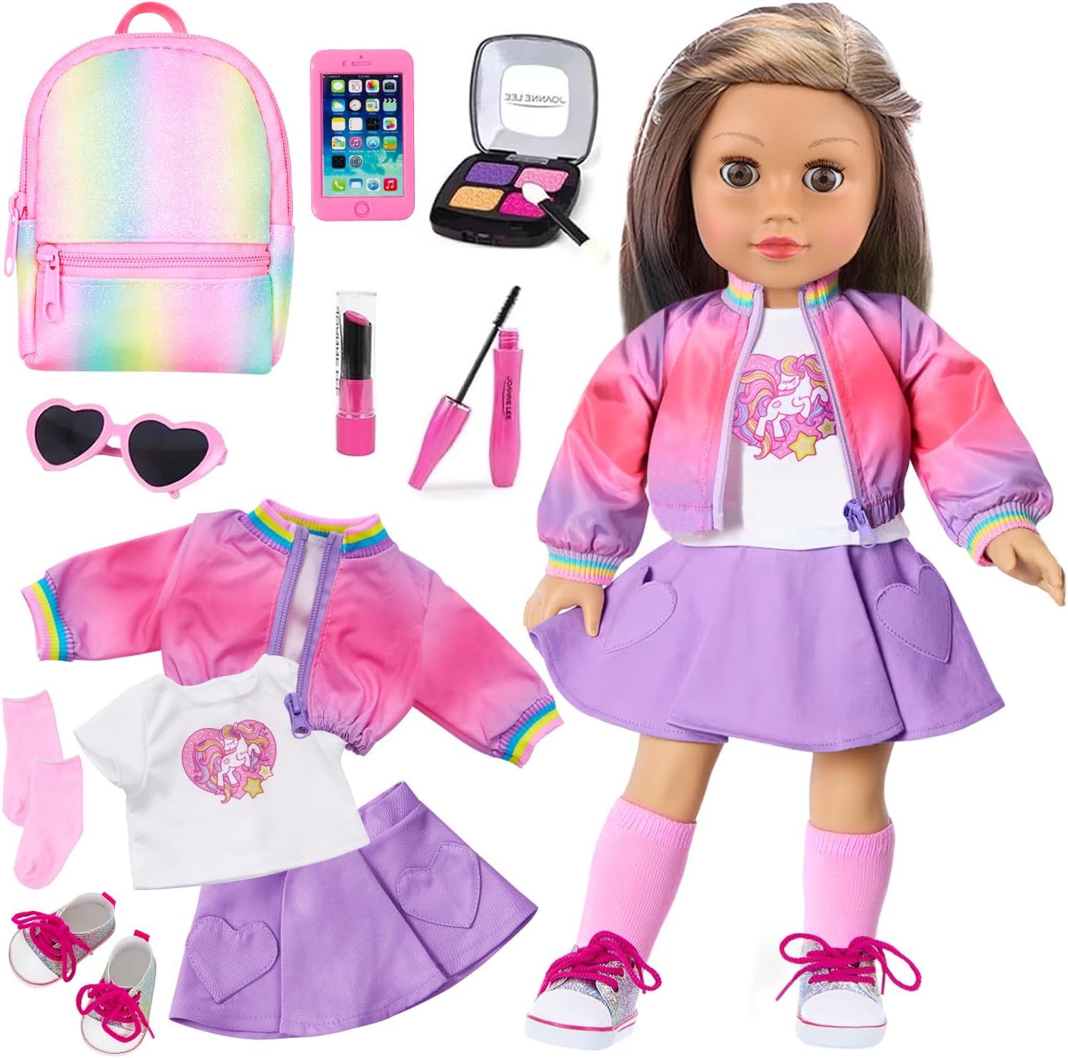 thumbnail video image 2 of ECORELF American 18 Inch Doll Clothes and Makeup Accessories Set - Rainbow Backpack  & Beauty Accessories for Pretend Play, 2 of 7