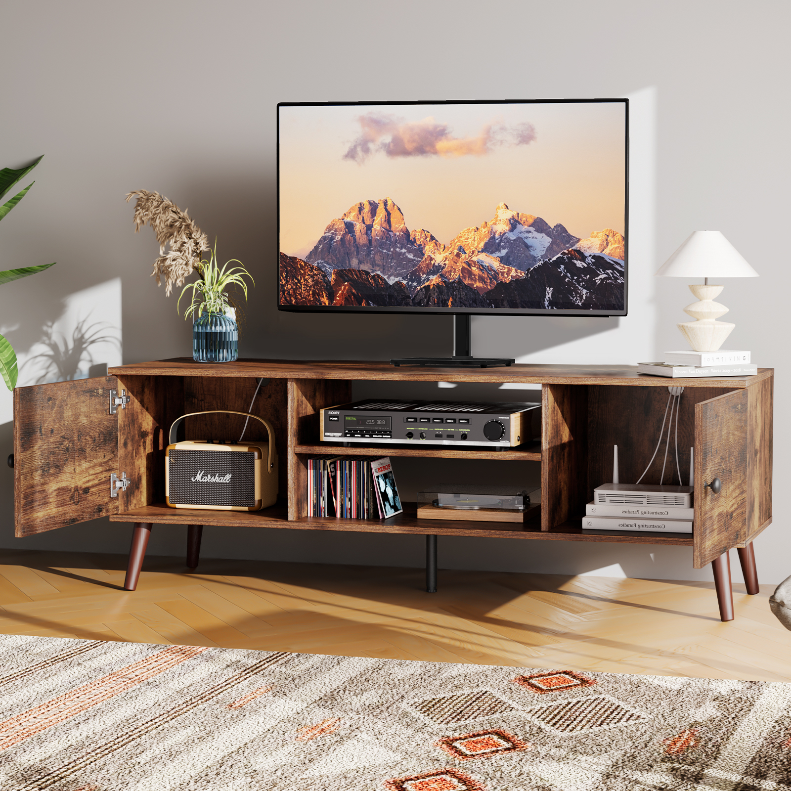 thumbnail video image 2 of CONCETTA TV Stand for 55 60 inch Television, 2 Cabinet, Soft Hinge Door with Handle, Black, 2 of 7