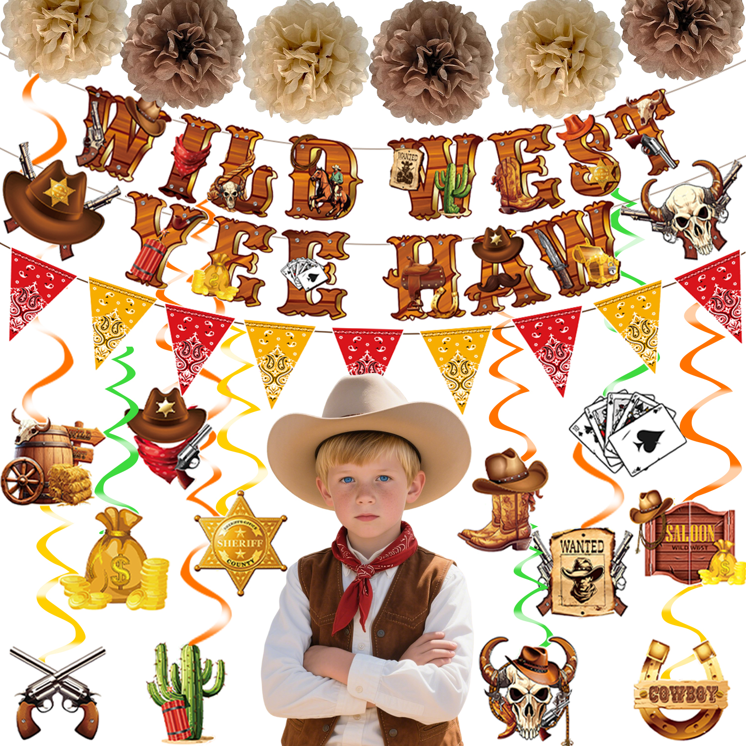 thumbnail video image 2 of 55PCS Western Party Decorations Wild West Cowboy Themed Party Decorations 24 Hanging Swirls 3 Wild West Banners 6 Paper Flowers for Kids Birthday Wild Cowboy Party Favors, 2 of 7