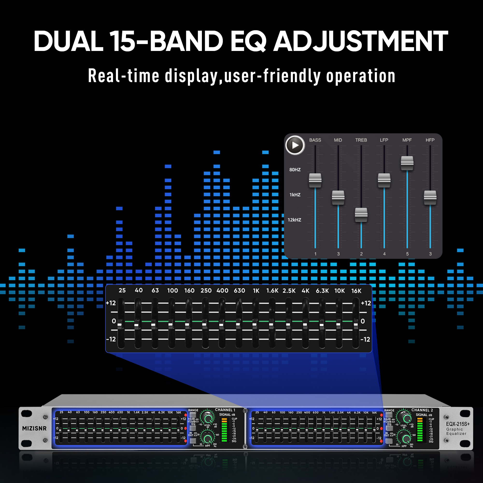 Equalizer Rack Stereo Graphic Equalizer 15-Band EQ for Home Audio System, Rack Mount ...