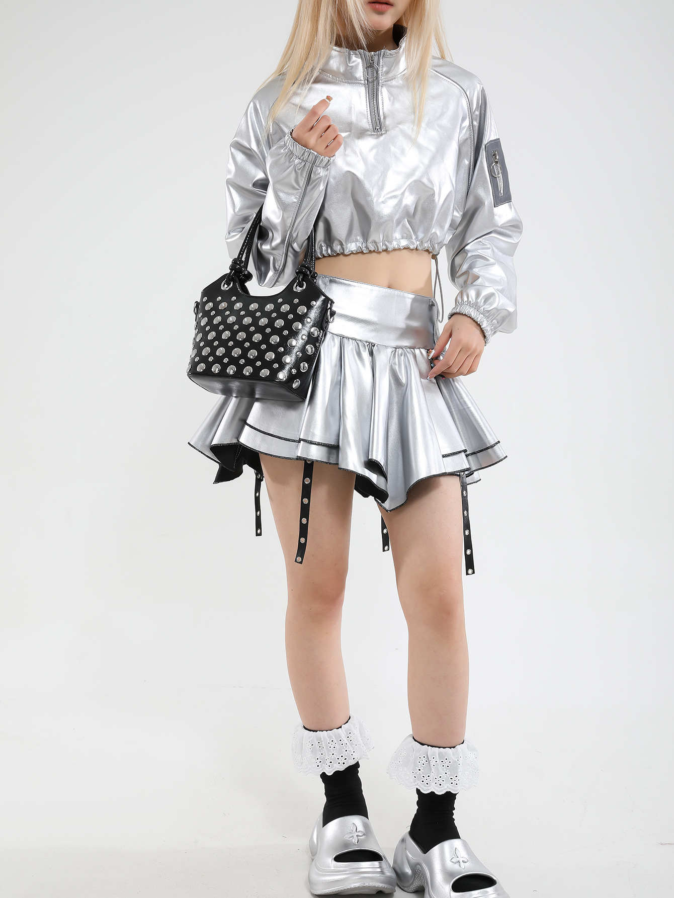 thumbnail video image 2 of SPEKSEE Y2K Rivet Mini Bucket Handbag for Women, Retro Punk Silver Studded Top Handle Tote Bag, Detachable Strap Crossbody Shoulder Bag, Trendy Casual Streetwear Purse, 2 of 7