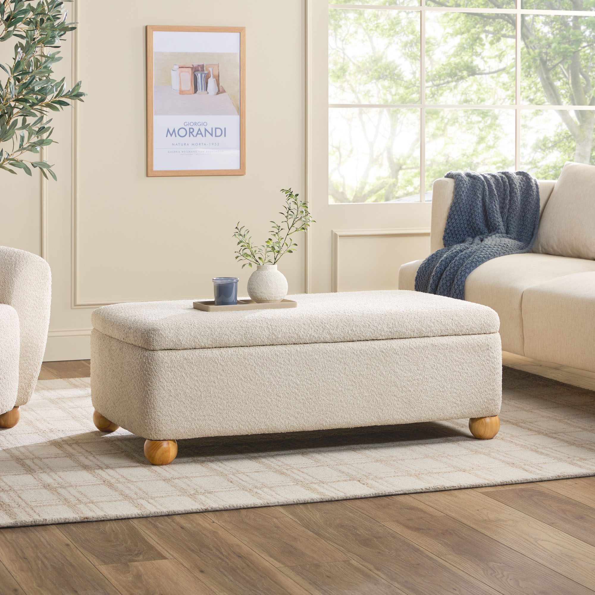 thumbnail video image 2 of Walker Edison Contemporary Bouclé Easy Assembly Large Storage Ottoman, Ivory, 2 of 16