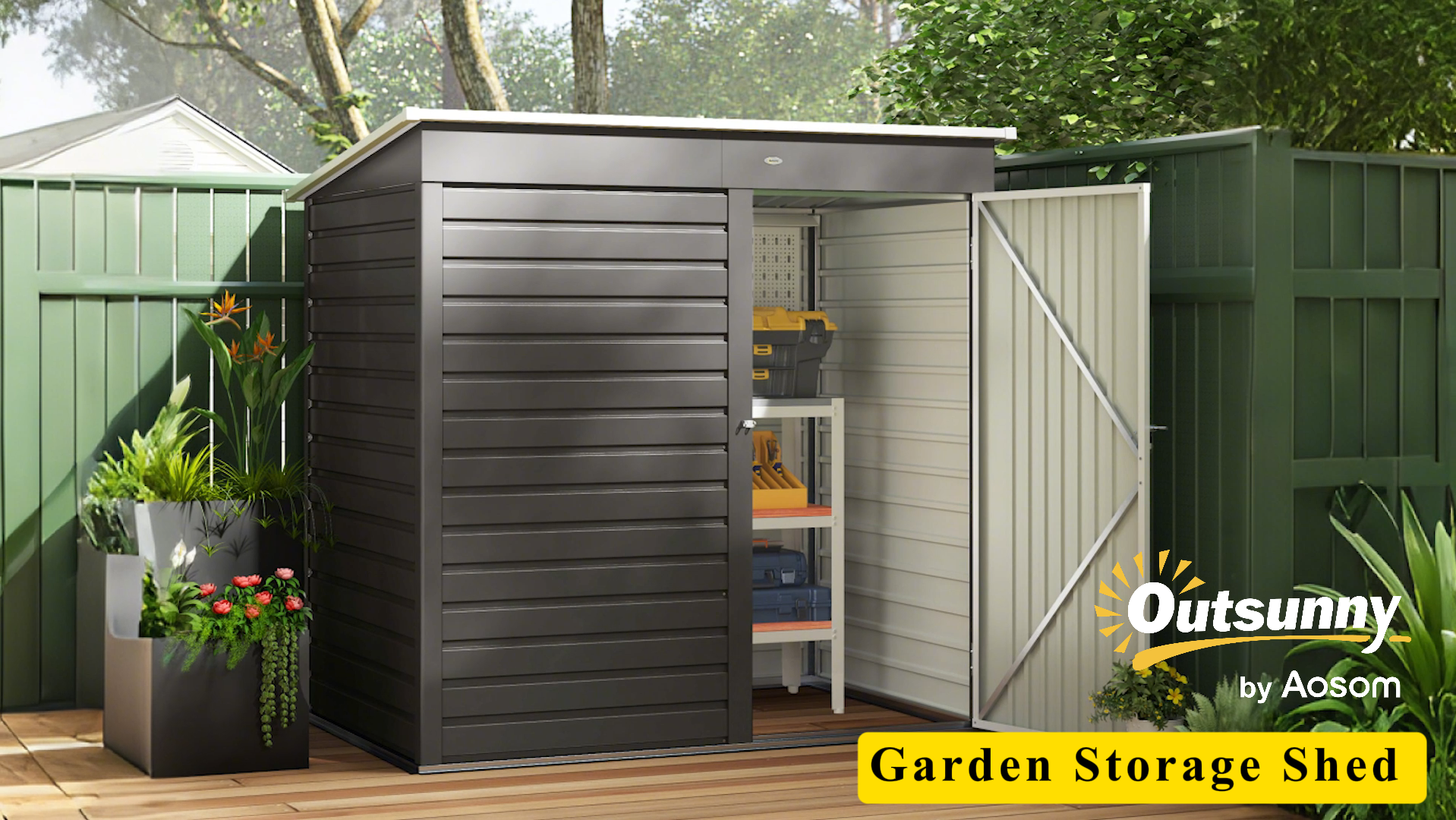 thumbnail video image 2 of Outsunny 6' x 4' Garden Storage Shed, Outdoor Metal Tool Shed with Lockable Door and Gloves for Backyard Garden Patio Lawn, Dark Gray, 2 of 10