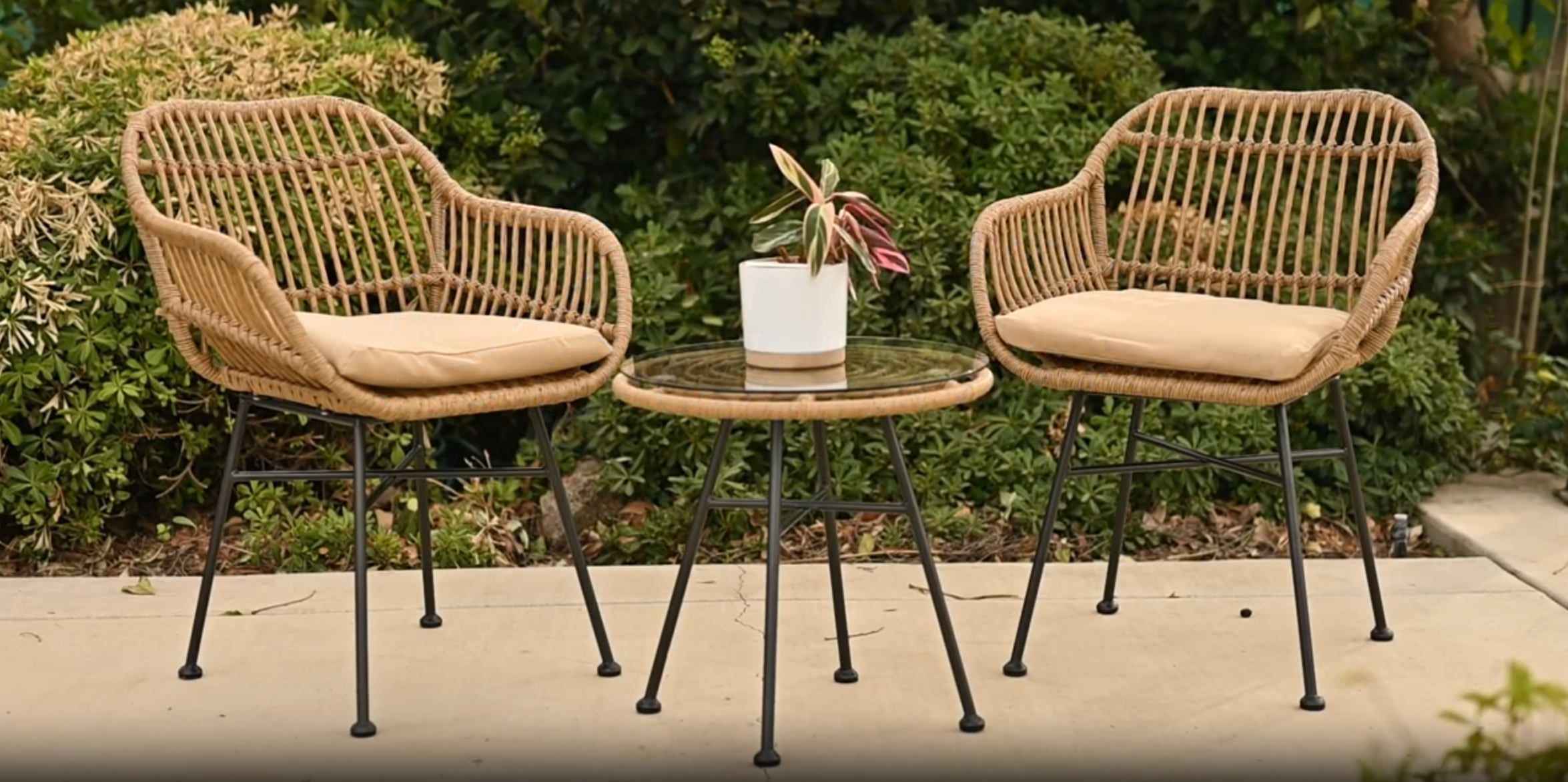 thumbnail video image 2 of Barton 3-Piece Outdoor Patio Furniture Set, Weather-Resistant Wicker Chairs & Table with Cushions, Beige, 2 of 7