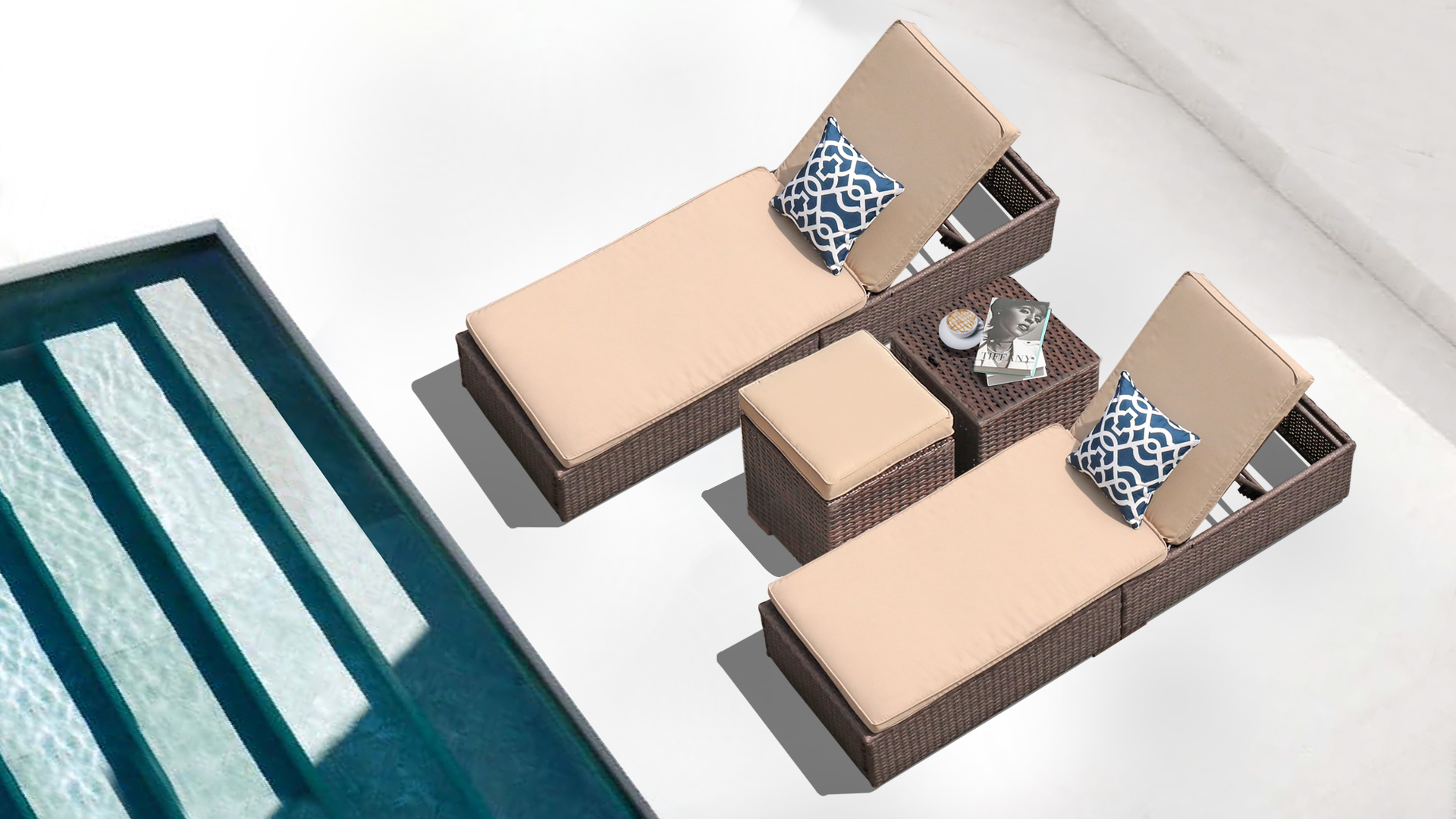 thumbnail video image 2 of JOIVI Outdoor Chaise Lounge Chairs, Brown Wicker Rattan Adjustable Position Sun Lounger with Removable Beige Cushions- Set of 2, 2 of 13