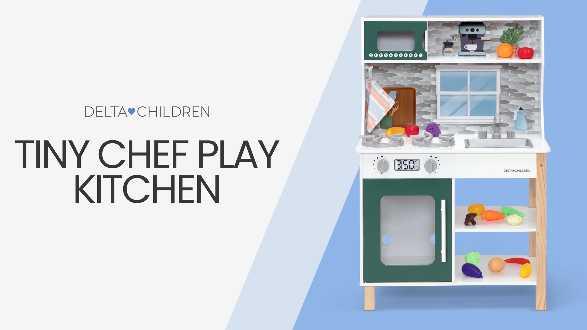 thumbnail video image 2 of Delta Children Tiny Chef Play Kitchen - Wooden Toy Kitchen Playset with Realistic Knobs, Includes Oven, Sink, Microwave, 15 Pieces of Play Food, Green, 2 of 24