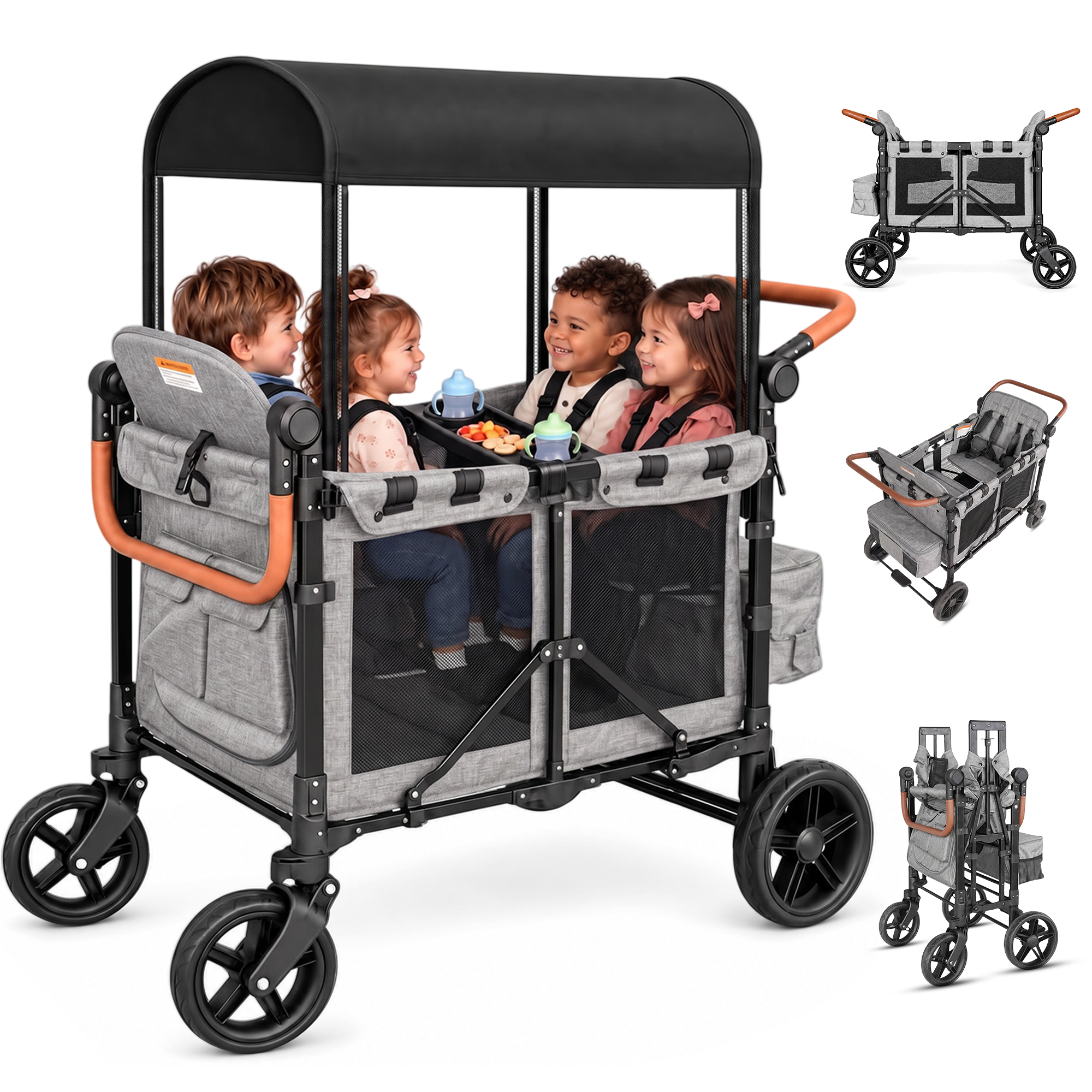 thumbnail video image 2 of TouHeart Wagon Stroller for 4 Kids, Foldable 4-Seater Stroller Wagon with Canopy, 5-Point Harness, Adjustable Push-Pull Handle, Removable Seats, Gray, 2 of 15