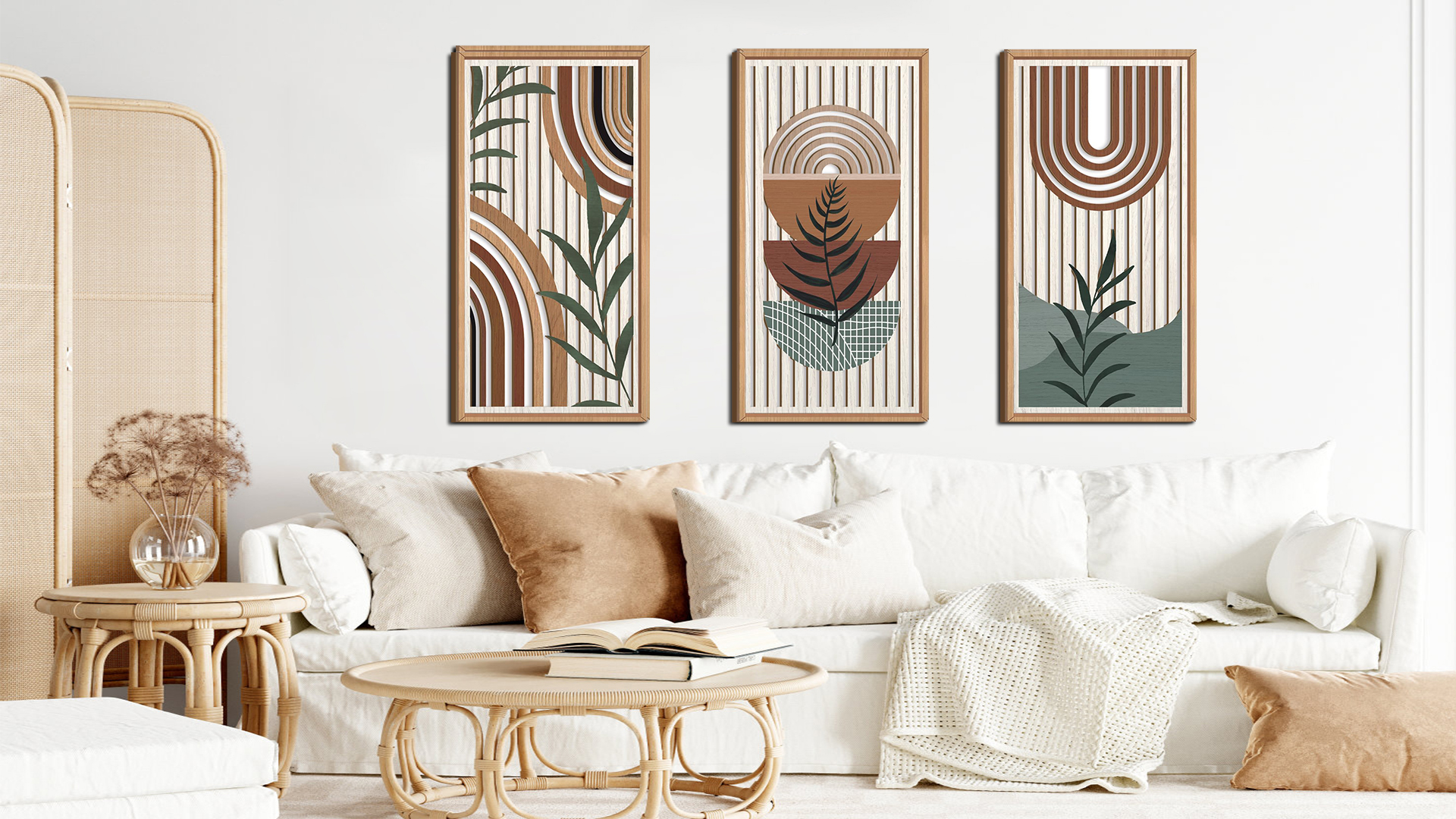 thumbnail video image 2 of Large Boho Wall Art Set Of 3 Framed Mid Century Modern Wooden Wall Decor Abstract Geometric Wood Wall Sculptures For Living Room Bedroom 16"x 32", 2 of 11