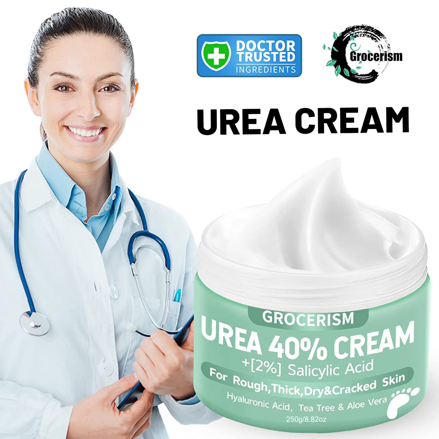 thumbnail video image 2 of Urea Cream 40 Percent For Feet Plus  Salicylic Acid 8.82 oz || Foot Cream and Hand Cream with Hyaluronic Acid, Tea Tree,and Aloe Vera for Deep Moisturizes, 2 of 8