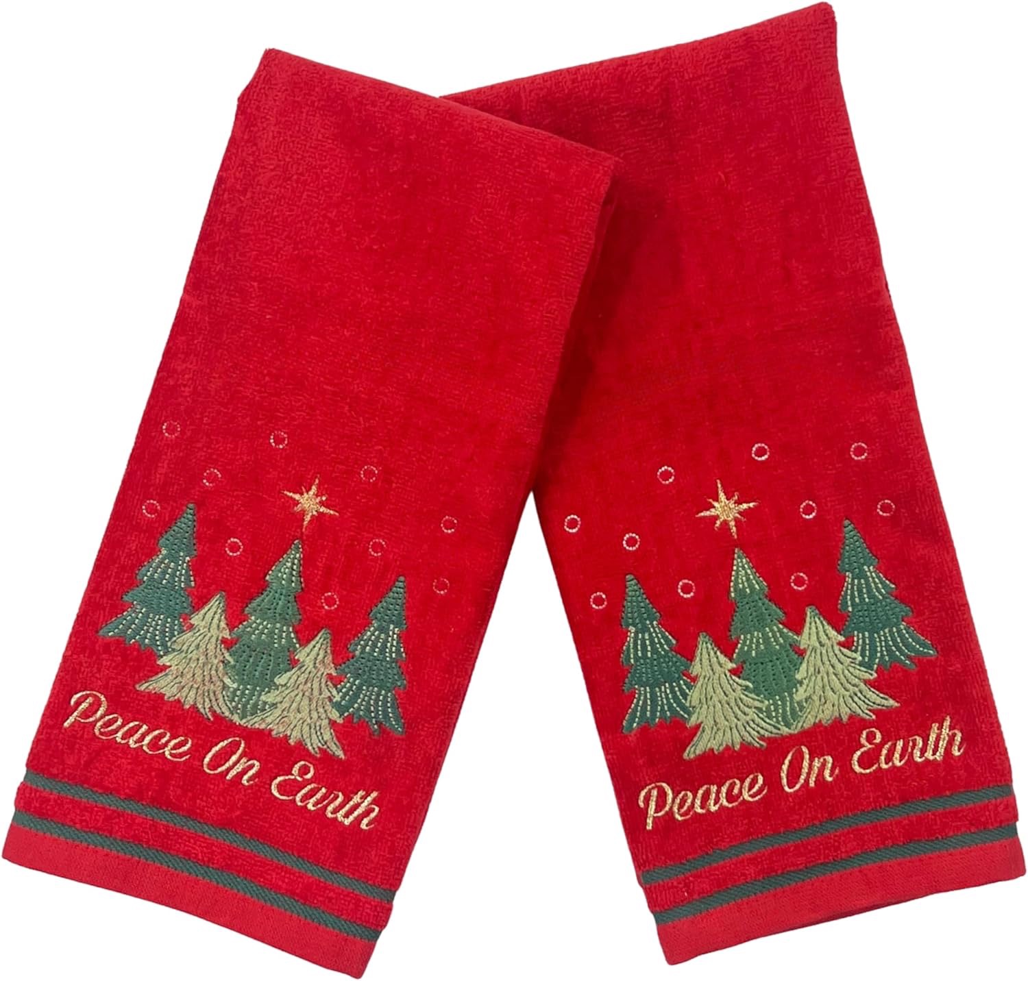 thumbnail video image 2 of Serafina Home Christmas Hand Towels for Bathroom – Set of 2 Red 100% Cotton Embroidered Christmas Trees & “Peace On Earth” Phrase Design – 25 x 16” Decorative Holiday Bath & Kitchen Towels, 2 of 7