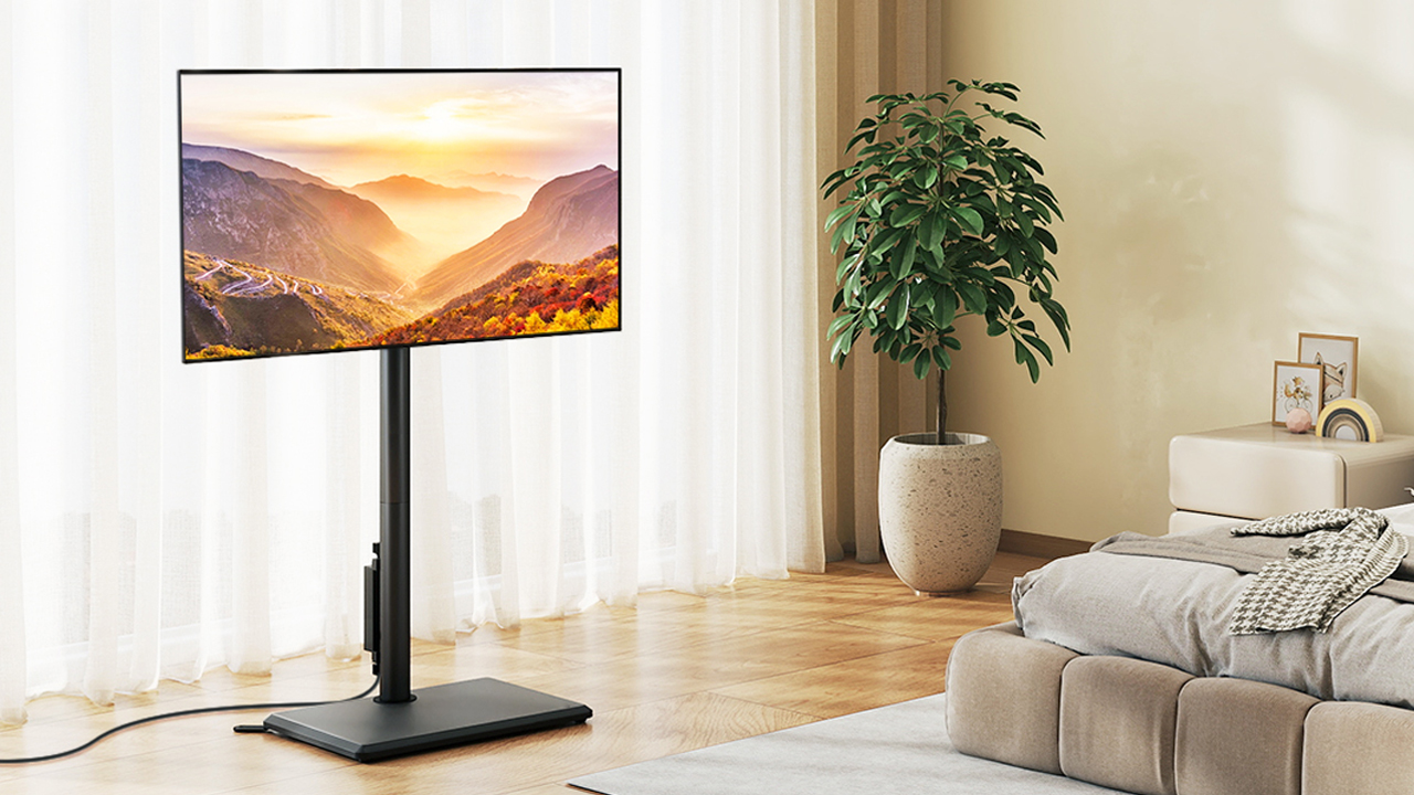 thumbnail video image 2 of RTVR Universal Floor TV Stand with Swivel Mount & Power Strip for 32"-60" TVs up to 88 lbs, Height Adjustable Black, 2 of 8