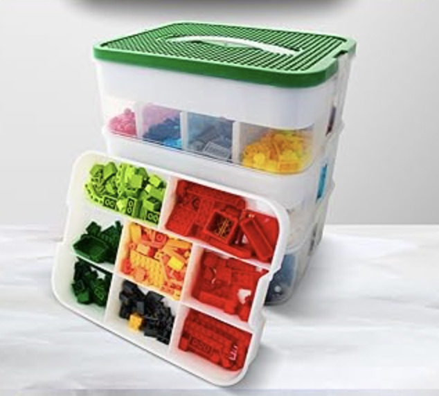 thumbnail video image 2 of Plastic Stackable Toy Storage Organizer Bin for Lego, Building Bricks, Dolls and Crafts Organization, 3 Layers with Adjustable Compartments, ABC Stickers and 2 Lids Included, 2 of 9