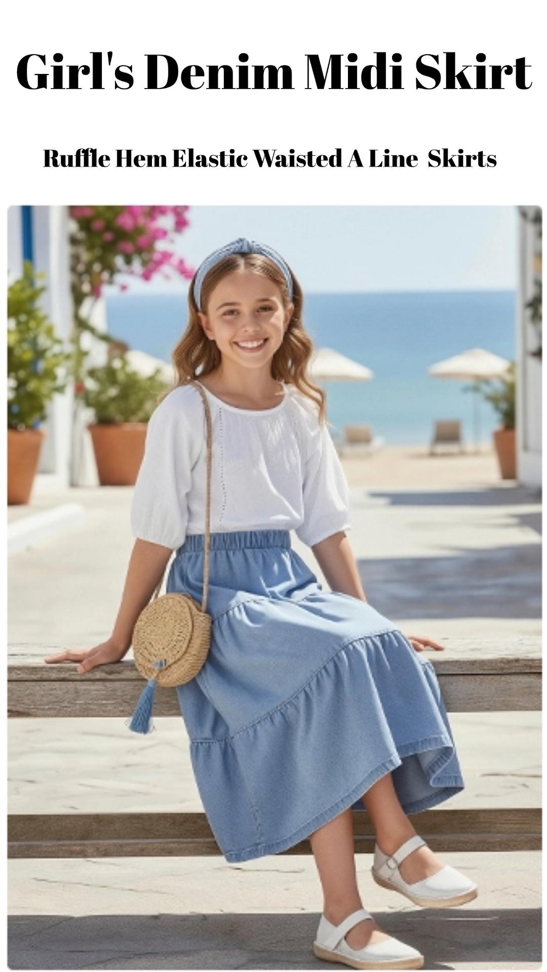 thumbnail video image 2 of Letdown Girls Denim Midi Skirt Elastic High Waist A Line Flowy Swing Long Swing Ruffle Hem Casual Midi Jean Skirt for Kids 5-12, 2 of 9