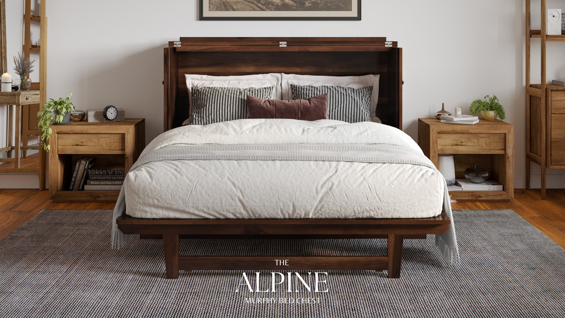 thumbnail video image 2 of AFI Alpine Queen Wood Murphy Bed Chest with Mattress and Built-in Charger, Grey, 2 of 19