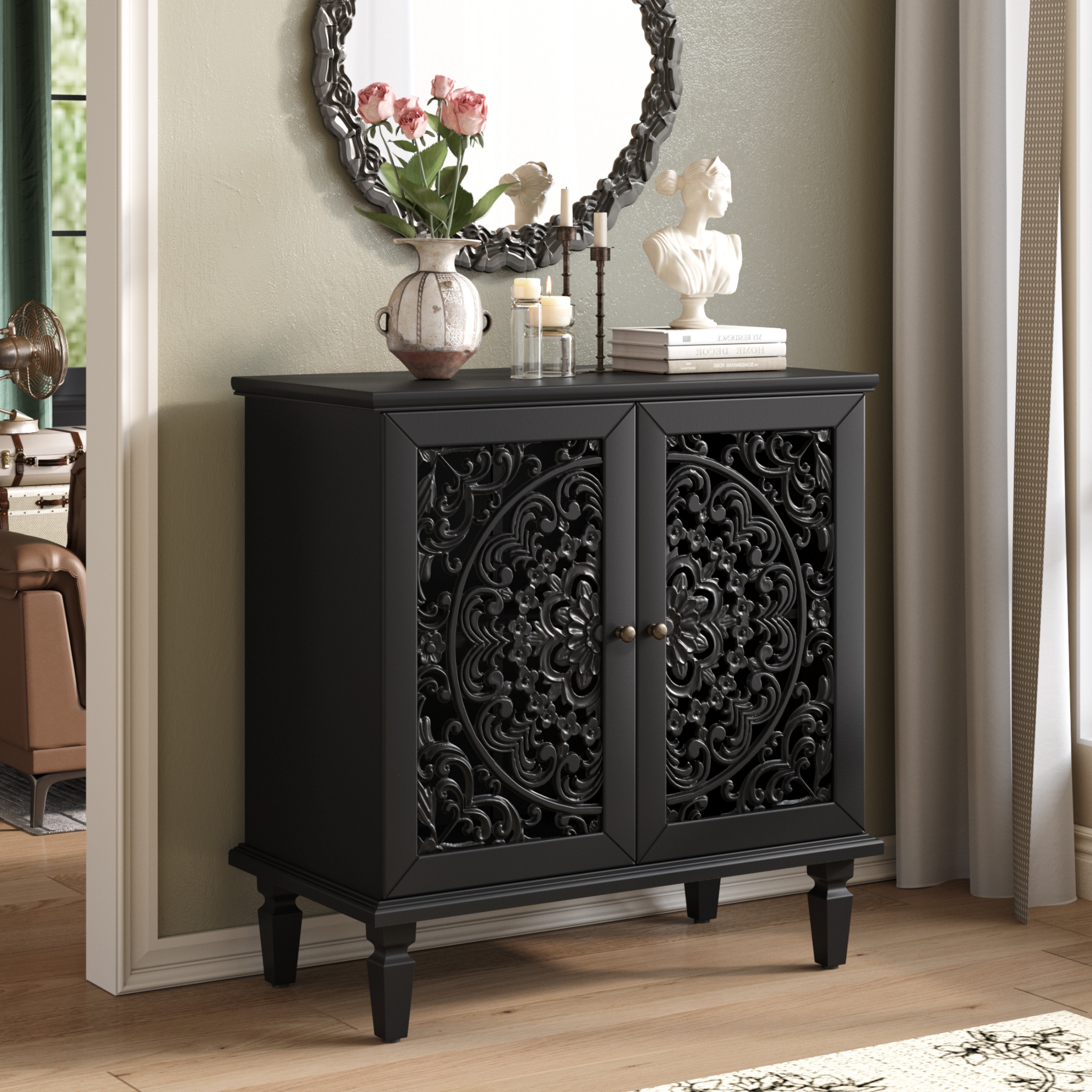 thumbnail video image 2 of Atumcto Vintage Accent Sideboard Storage Cabinet, 2-Door Display Cabinet with Symmetrical Floral Carved Design, Adjustable Shelf & Solid Wood Legs for Living Room or Entryway, Black, 2 of 15