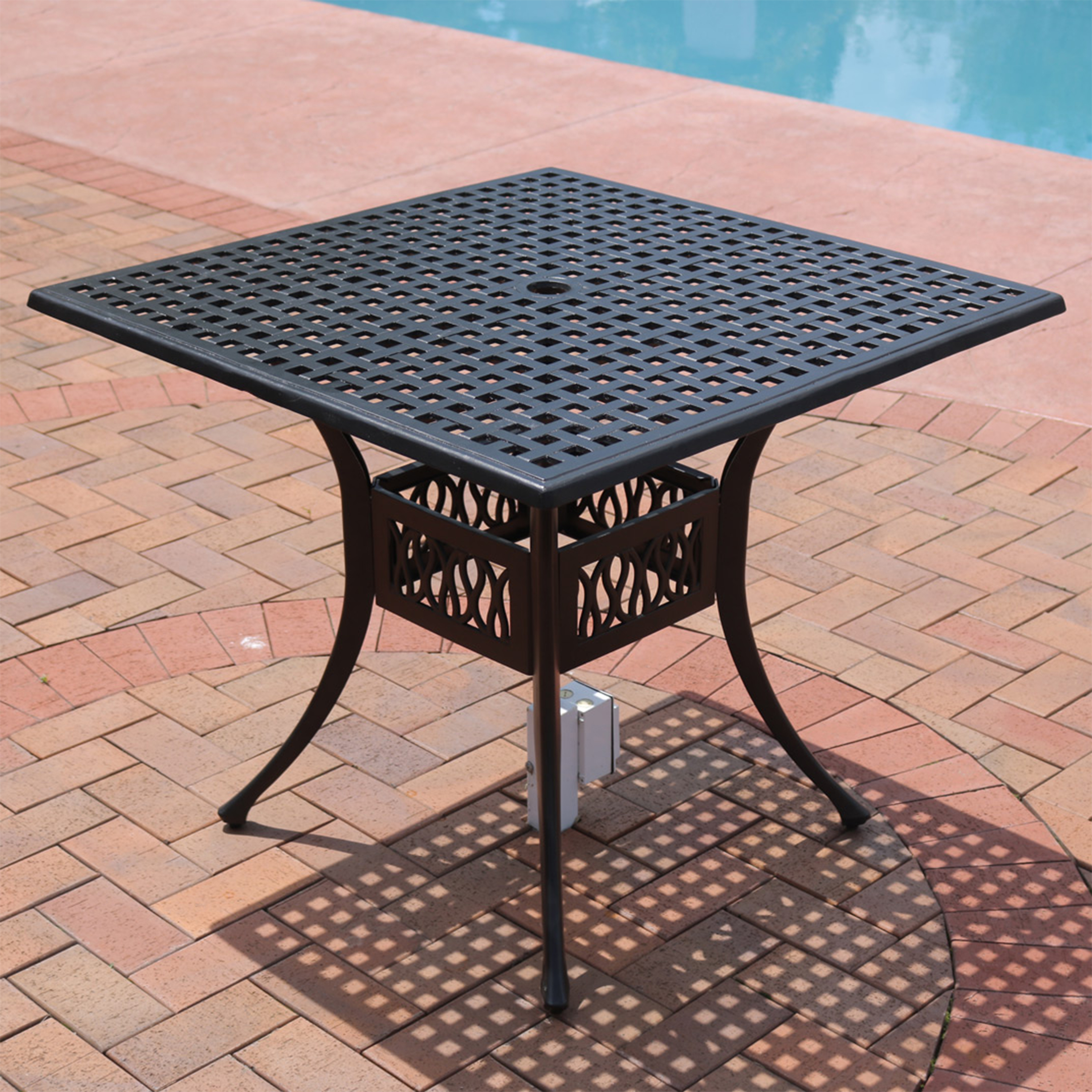 thumbnail video image 2 of Sunnydaze 35" Square Cast Aluminum Outdoor Dining Table with Umbrella Hole, Black, 2 of 10