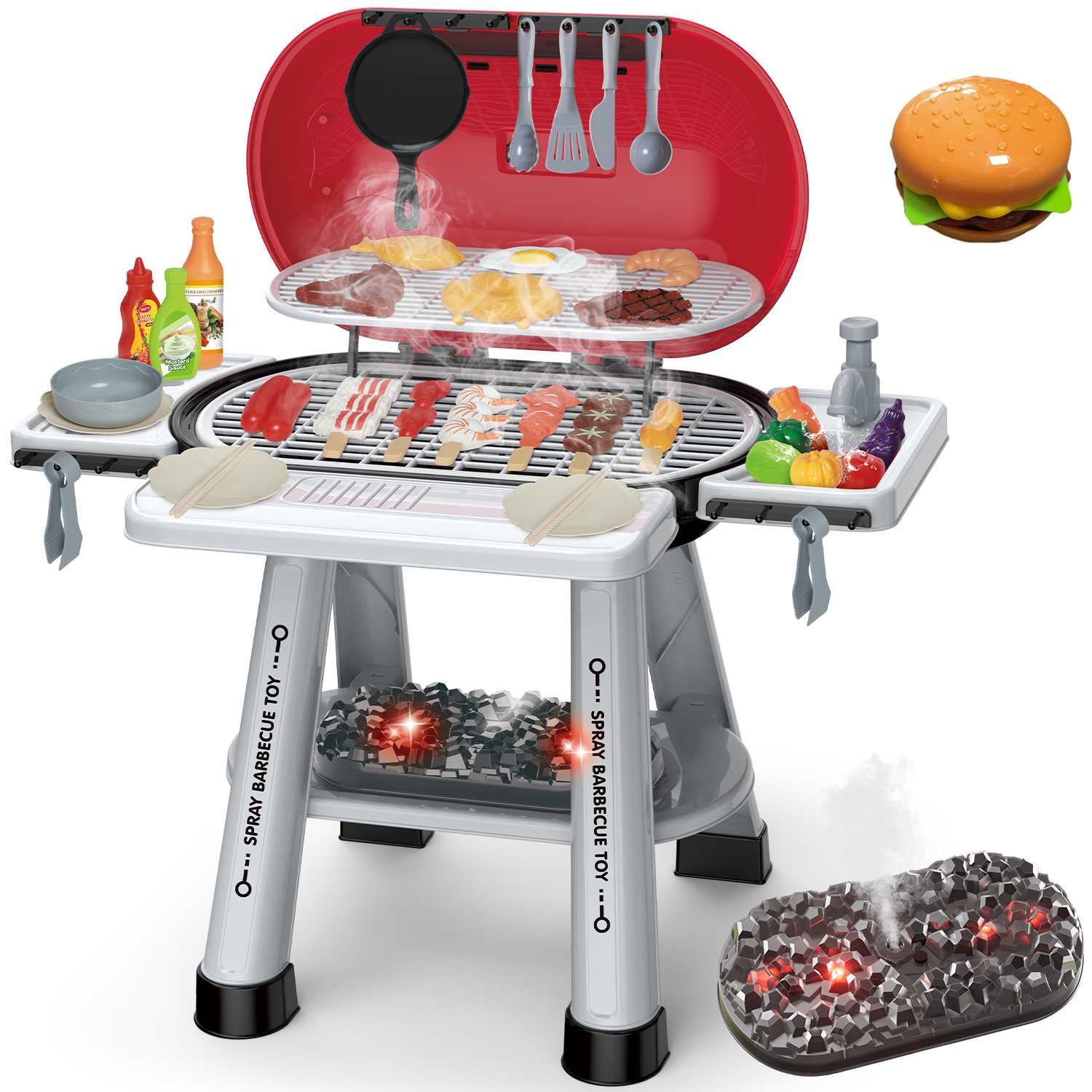 thumbnail video image 2 of Kids Play Kitchen Toys, 68pcs Kids BBQ Grill Playset with Smoke, Sound & Light, Pretend Play Food Hamburger, Interactive Toys Barbecue Cooking Game for Toddlers Boys Girls 3-5, 2 of 8