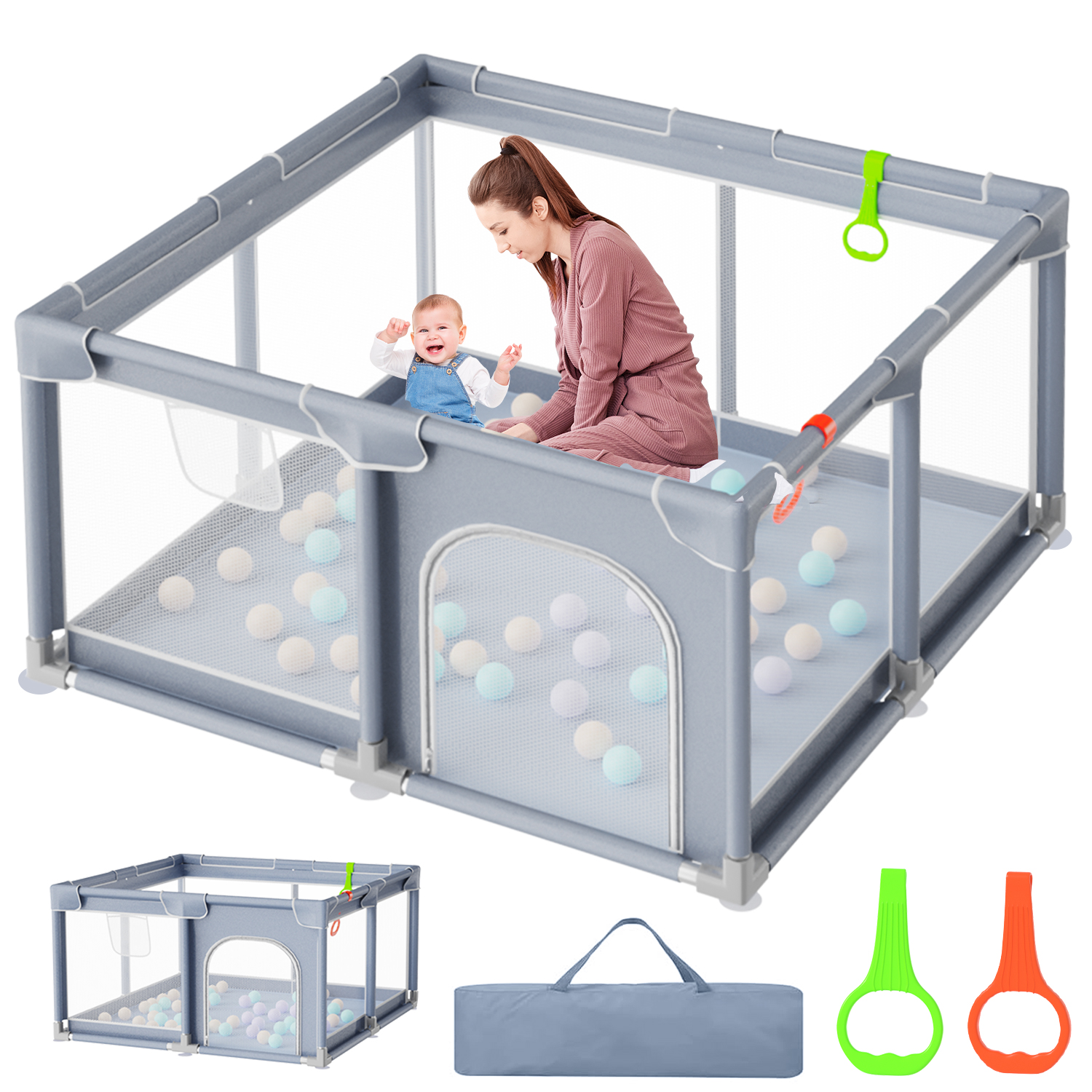 thumbnail video image 2 of JoyStone Baby Playpen, 50 x 50 in, Non-Slip Base, Soft Mesh Sides, 2 Pull-up Rings, Carry Bag, Gray, 2 of 11