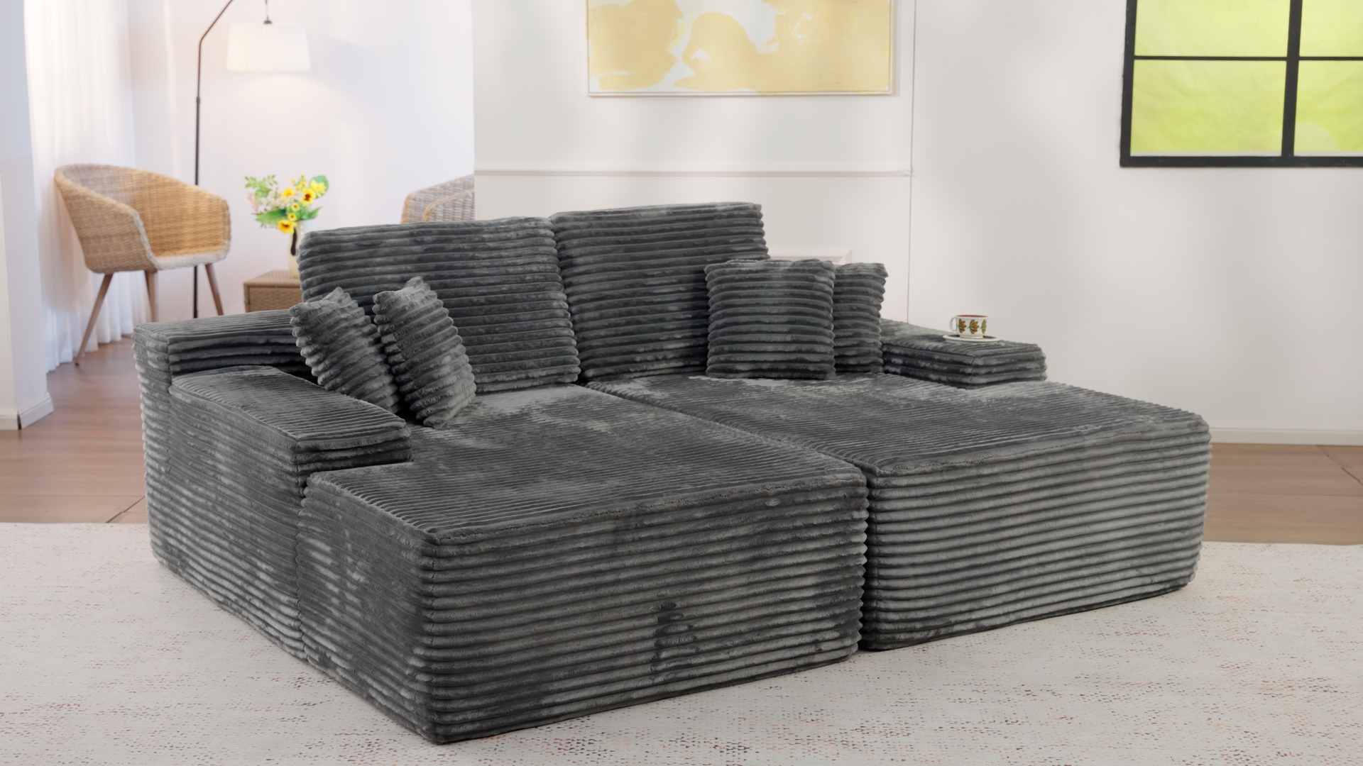 thumbnail video image 2 of Toject 81" Oversized Double Chaise Lounge Sofa, No Assembly Required Sectional Sofa Bed Sleeper Loveseat for Living Room (Beige,Plush Corduroy Fabric), 2 of 8