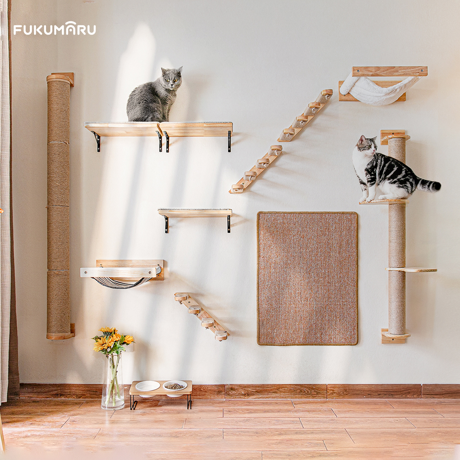 thumbnail video image 2 of FUKUMARU Cat Furniture Set, 3 in 1 Wall Shelves & Hammock for Multi-Cat Home, 2 of 8