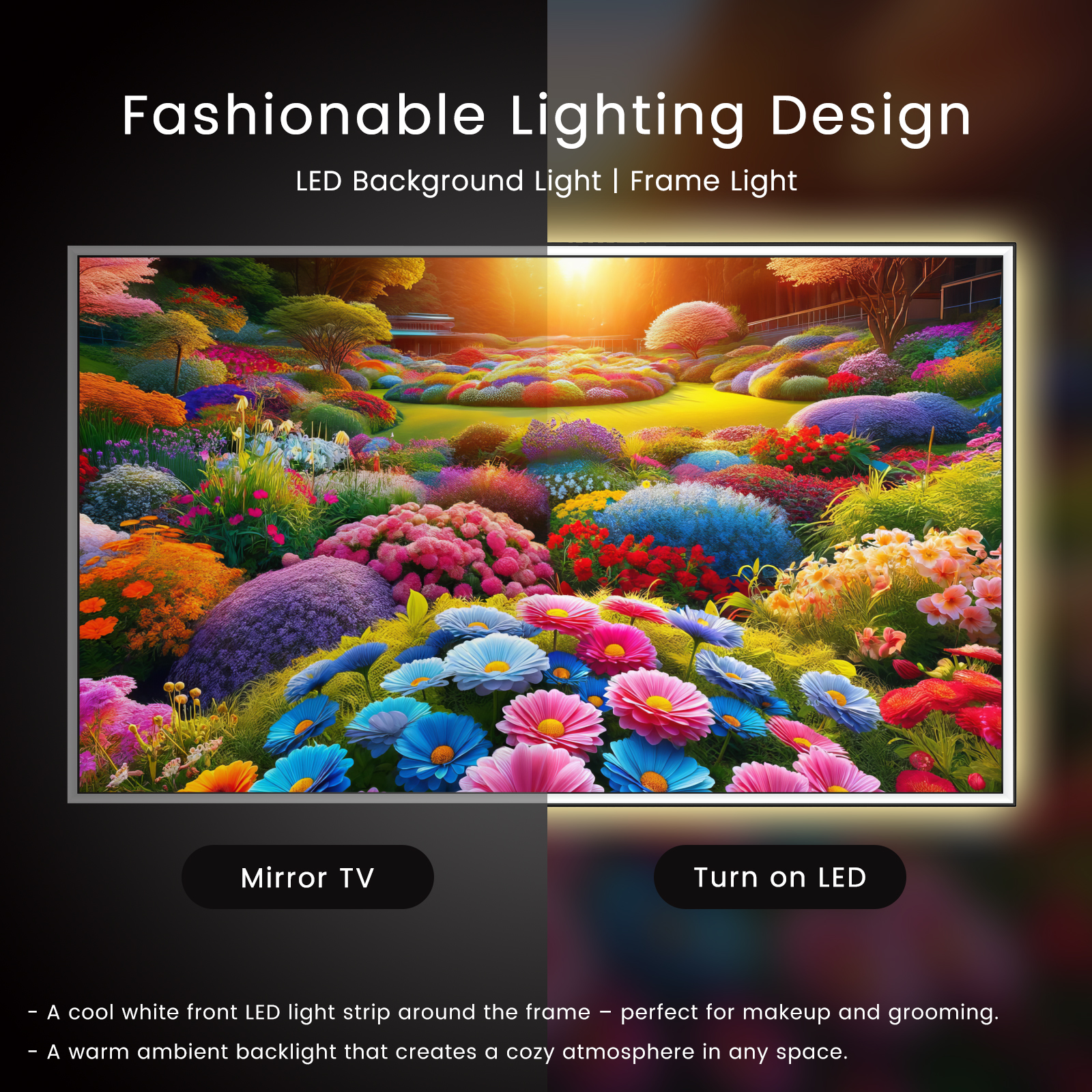 thumbnail video image 2 of Soulaca 43 inches LED Light Mirror Smart TV 4K Screen Decoration Makeup TV Atsc Goog-le System Voice Control Built-in Atsc Dtv Tuner, 2 of 11