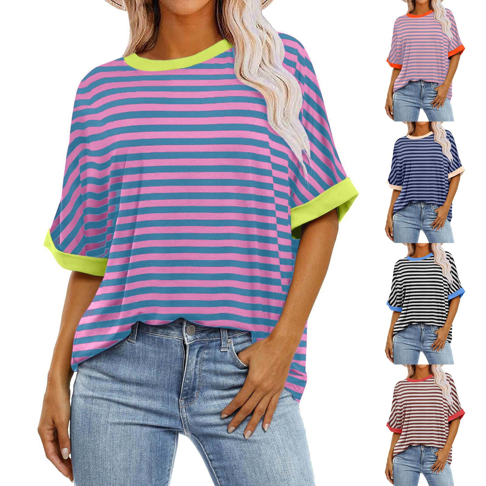 thumbnail video image 2 of WREESH Womens Fashion T-Shirts Casual Comfortable Print Round- Neck Short Sleeved Top Blouse T-Shirt Pink, 2 of 6