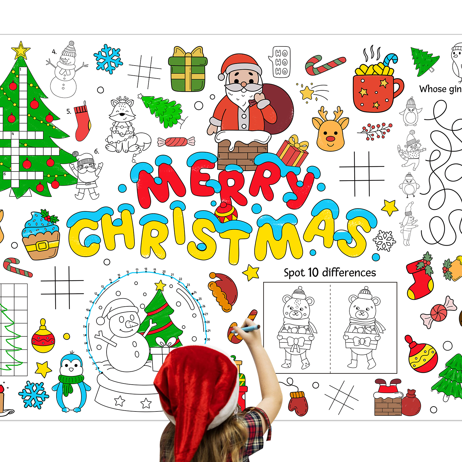 thumbnail video image 2 of WaaHome Christmas Giant Coloring Poster - Coloring Tablecloth for Kids 35" x 54" Disposable Merry Christmas Decoration Art Craft for School Winter Christmas Activities Party Supplies - Santa Claus, 2 of 8
