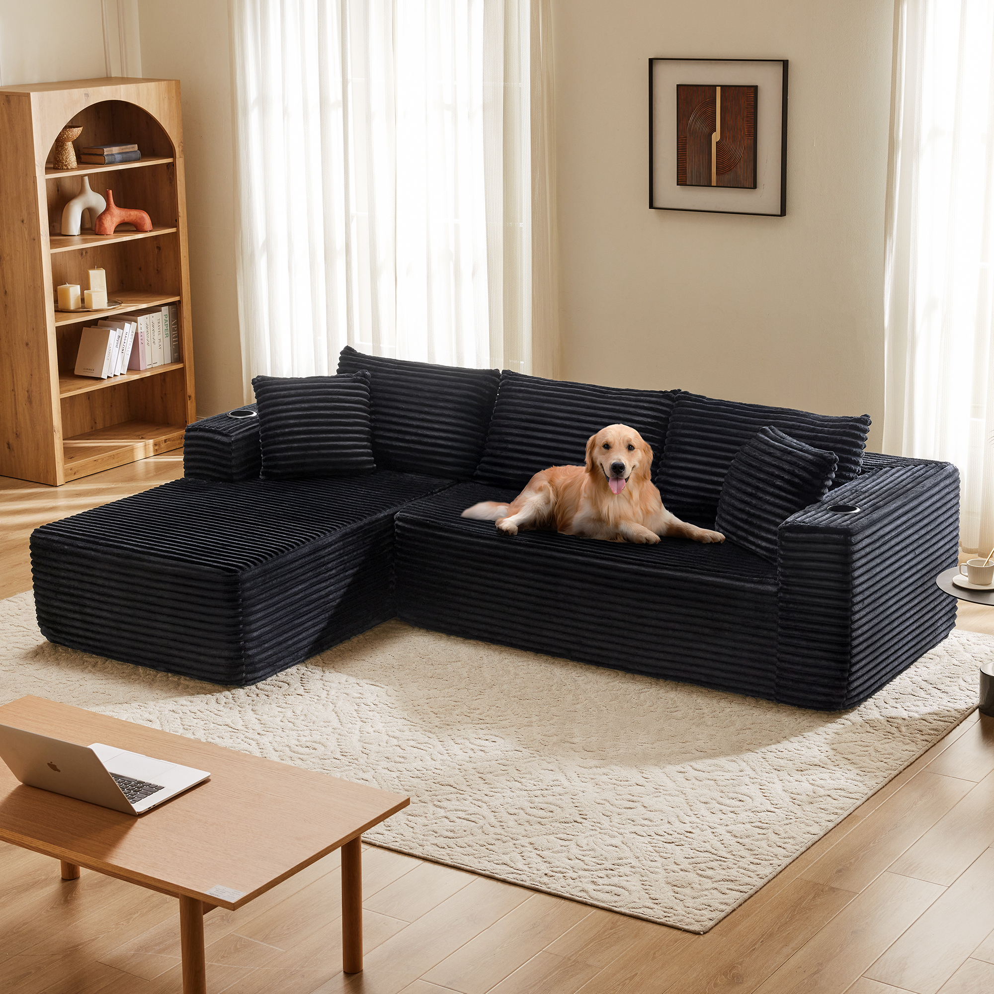 thumbnail video image 2 of TEWLOSS 105" No-Assembly L-Shaped Sectional Sofa with Dual Cup Holders - Modular Cloud Couch, Deep Seating Upholstered Sofa for Living Room Bedroom, Left/Right Chaise & Sleeper, Beige, 2 of 11