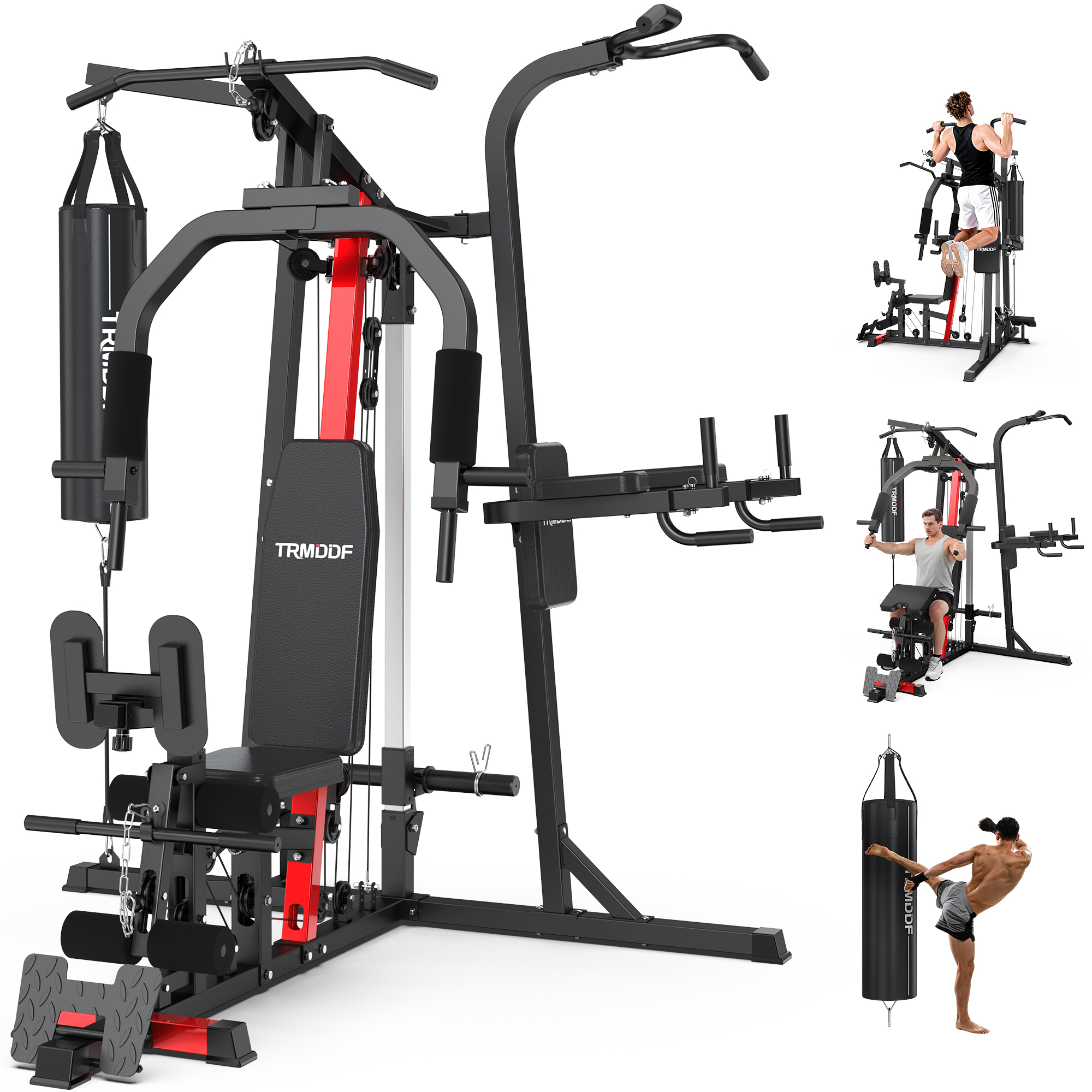 thumbnail video image 2 of Lnow 7-in-1 Power Rack Cage, Smith Machine with Punching Bag & Pull-Up Bar Multifunctional Workout Station for Home Gym, 450lbs, 2 of 13