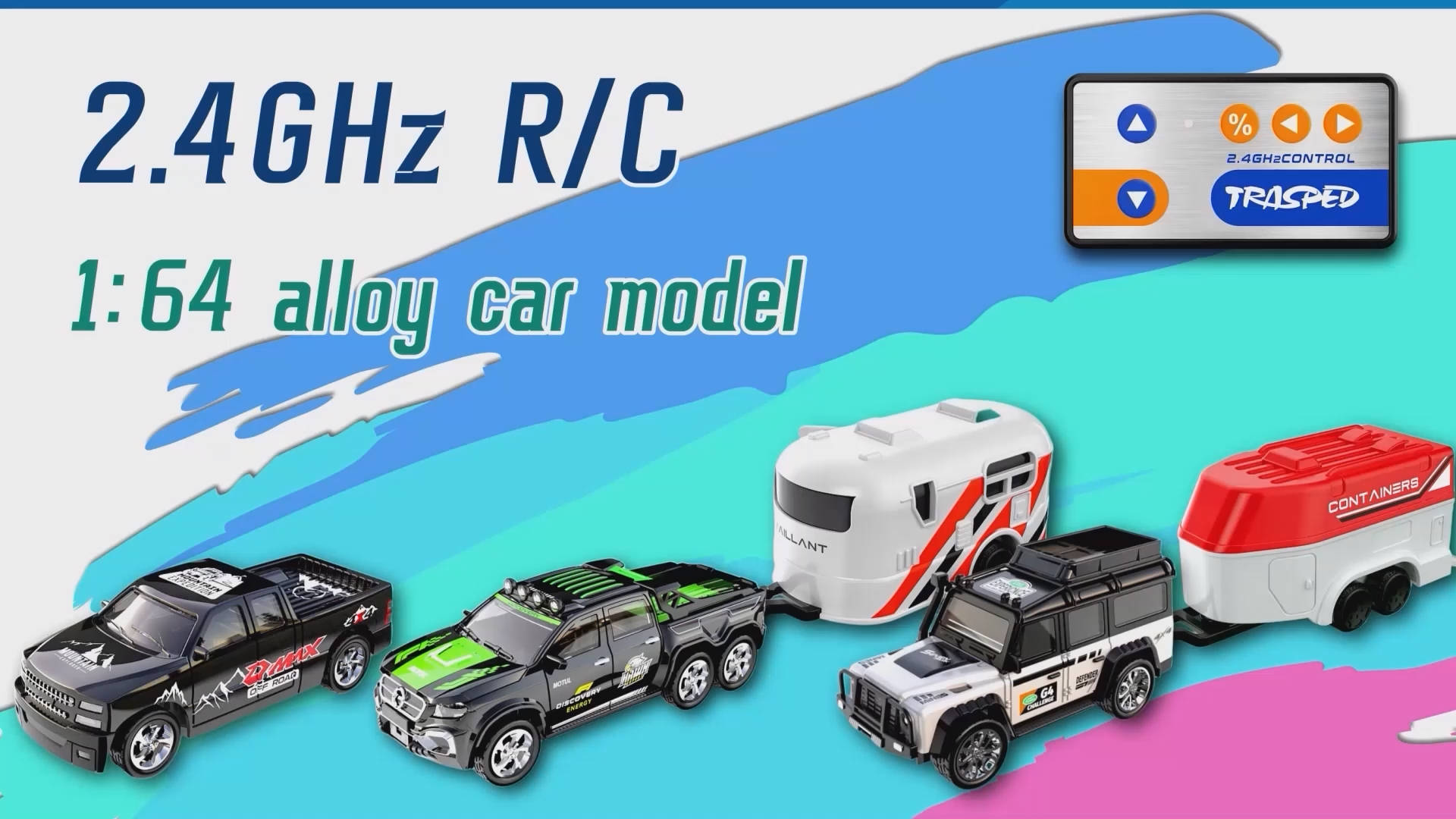 thumbnail video image 3 of 1:64 Black Remote Control Toy Cars for Kids 2.4Ghz Adjustable Speed Scale Alloy Pickup RC Trucks with Trailer and Car Lights, USB-C Recharging, Easy to Operate, Festive Gift for Children, Boys, Girls, 3 of 9