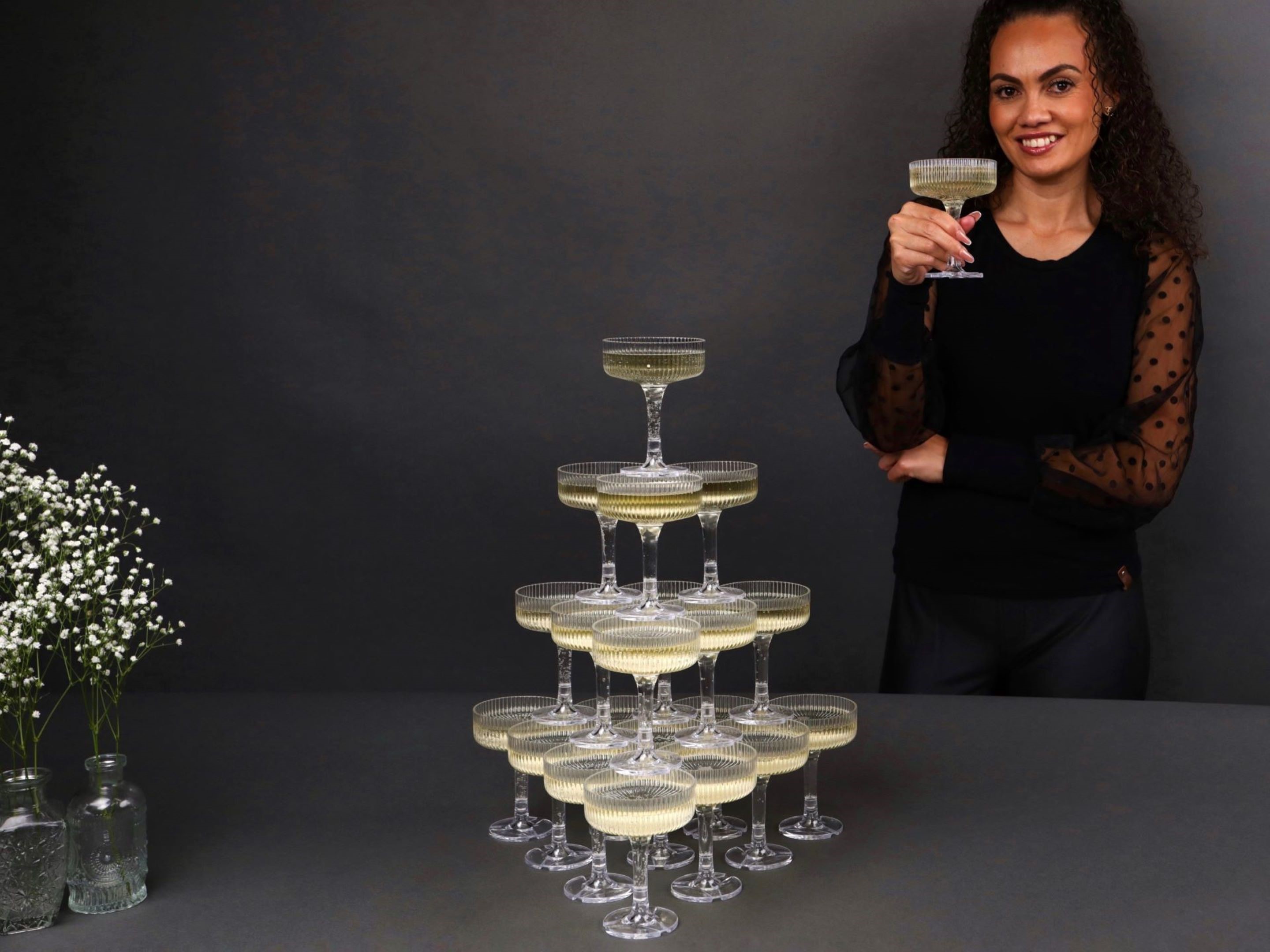 thumbnail video image 2 of Ksestor Acrylic Champagne Tower Glasses 7 oz, Built for Celebrations Stackable Acrylic Plastic Coupe Glasses Set of 20, 2 of 7