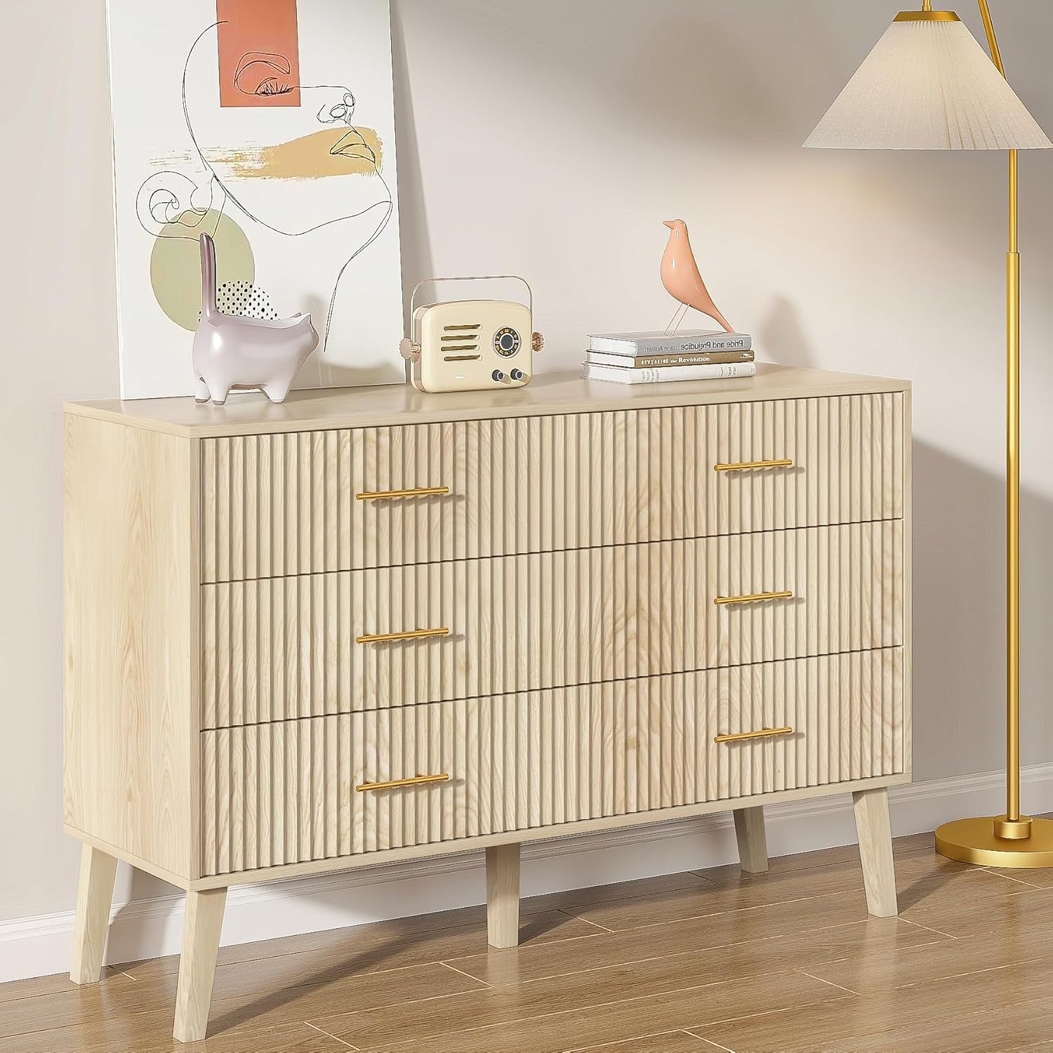 thumbnail video image 2 of 6 Drawer Dresser for Bedroom, 46.85" Wide Modern Wood Chest of Drawers with Fluted Design, Boho Dresser TV Stand for Closet, Living Room, Hallway, 2 of 9