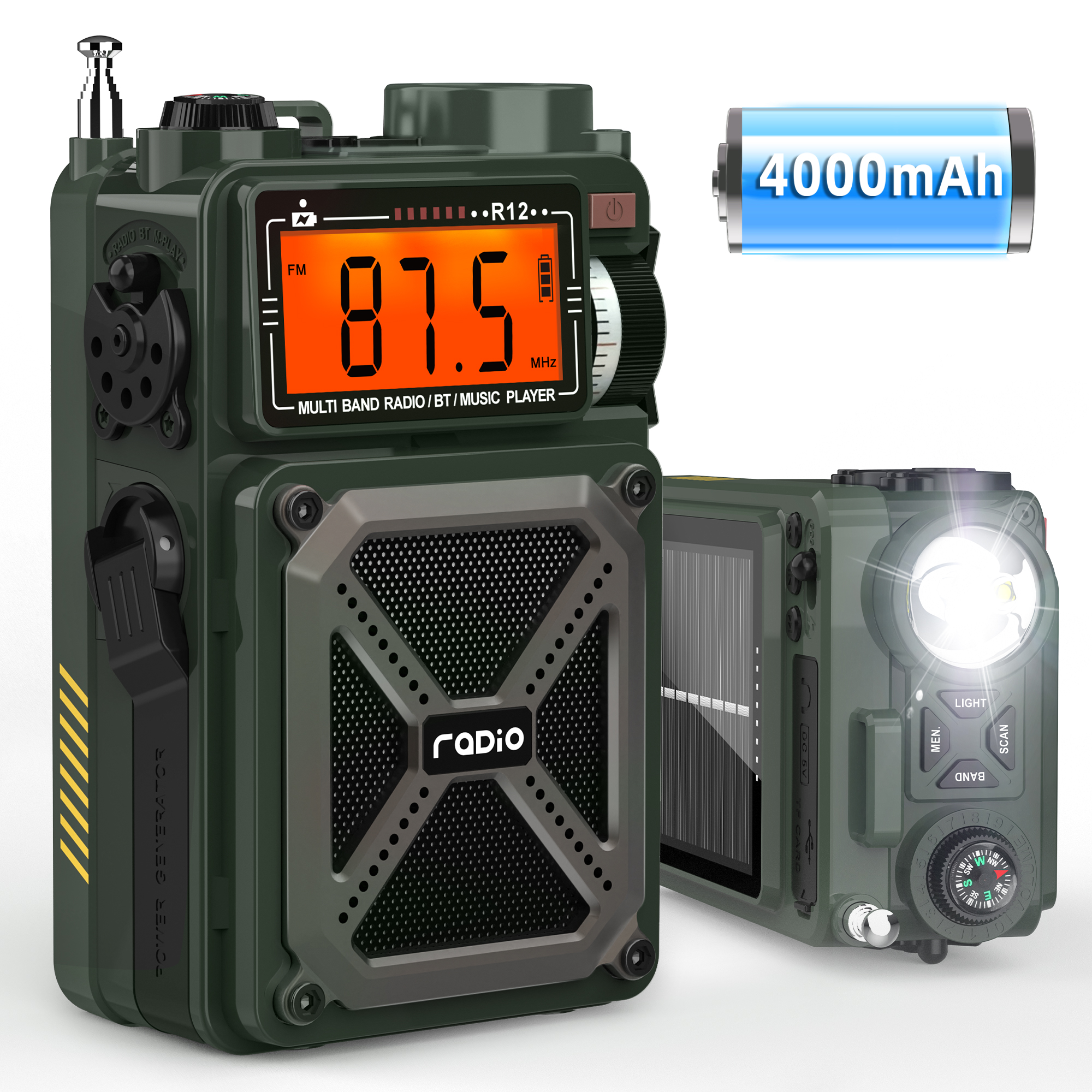 thumbnail video image 2 of Jazmm Medium Portable Emergency Radios, Bluetooth, Battery, Hand Crank, Single Piece, Solar Emergency Radio, Green, 1 Pack, 2 of 7