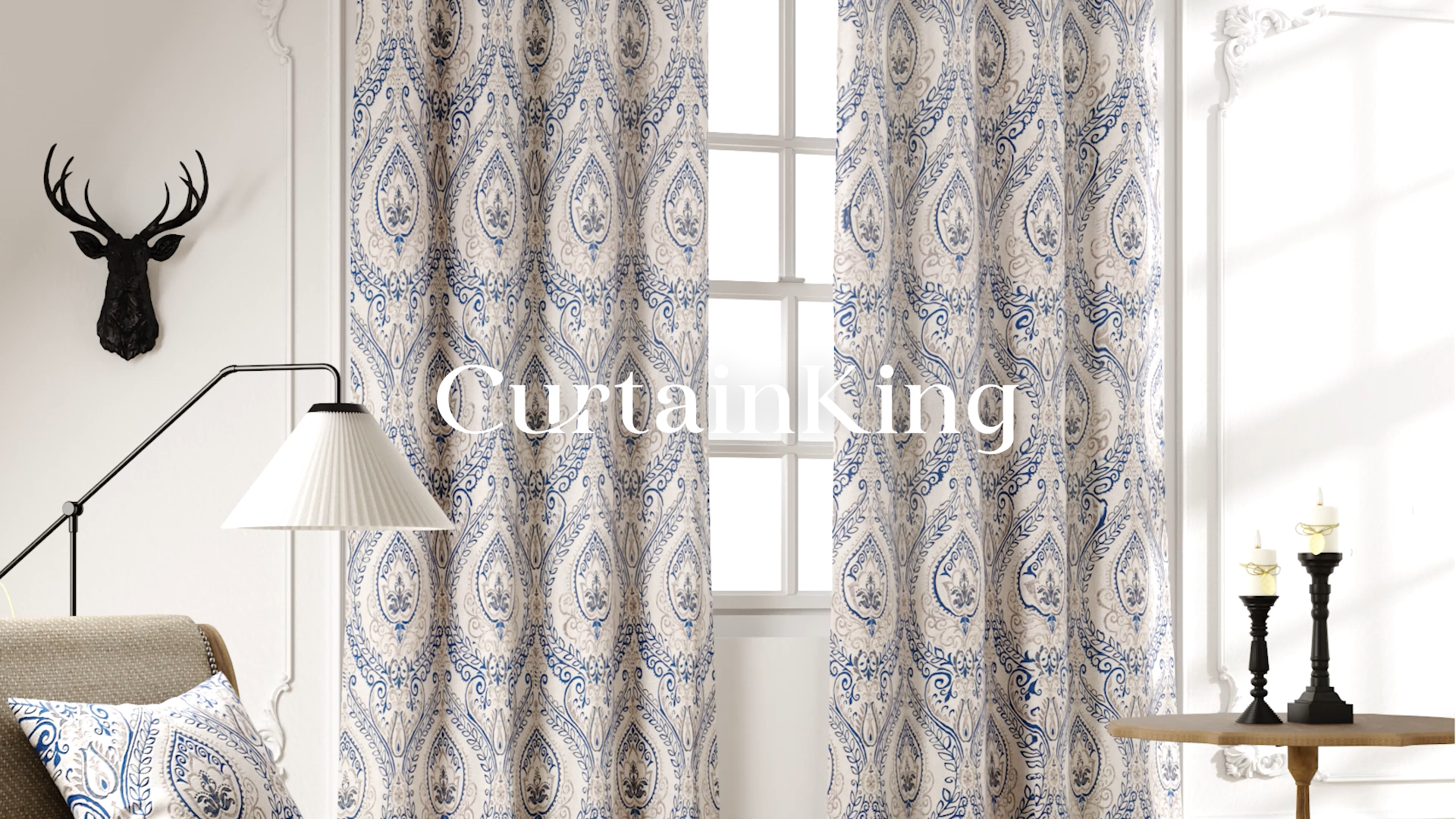 thumbnail video image 2 of Curtainking Vintage Look Damask Printed Curtains for Bedroom Living Room Linen Textured Thermal Insulated Grommet Curtains, 50" x 84" 2 Panels, Blue on Greyish Beige, 2 of 13