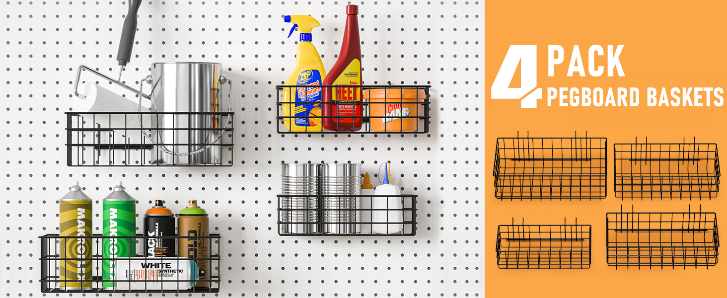 thumbnail video image 2 of INCLY 4 Pack Pegboard Baskets Bins Set, 4 Size Square Style Black Metal Wire Basket for Any Peg Board Organizing Tools, Pegboard Accessories for Workbench Garage Wall Storage Attachments, 2 of 7