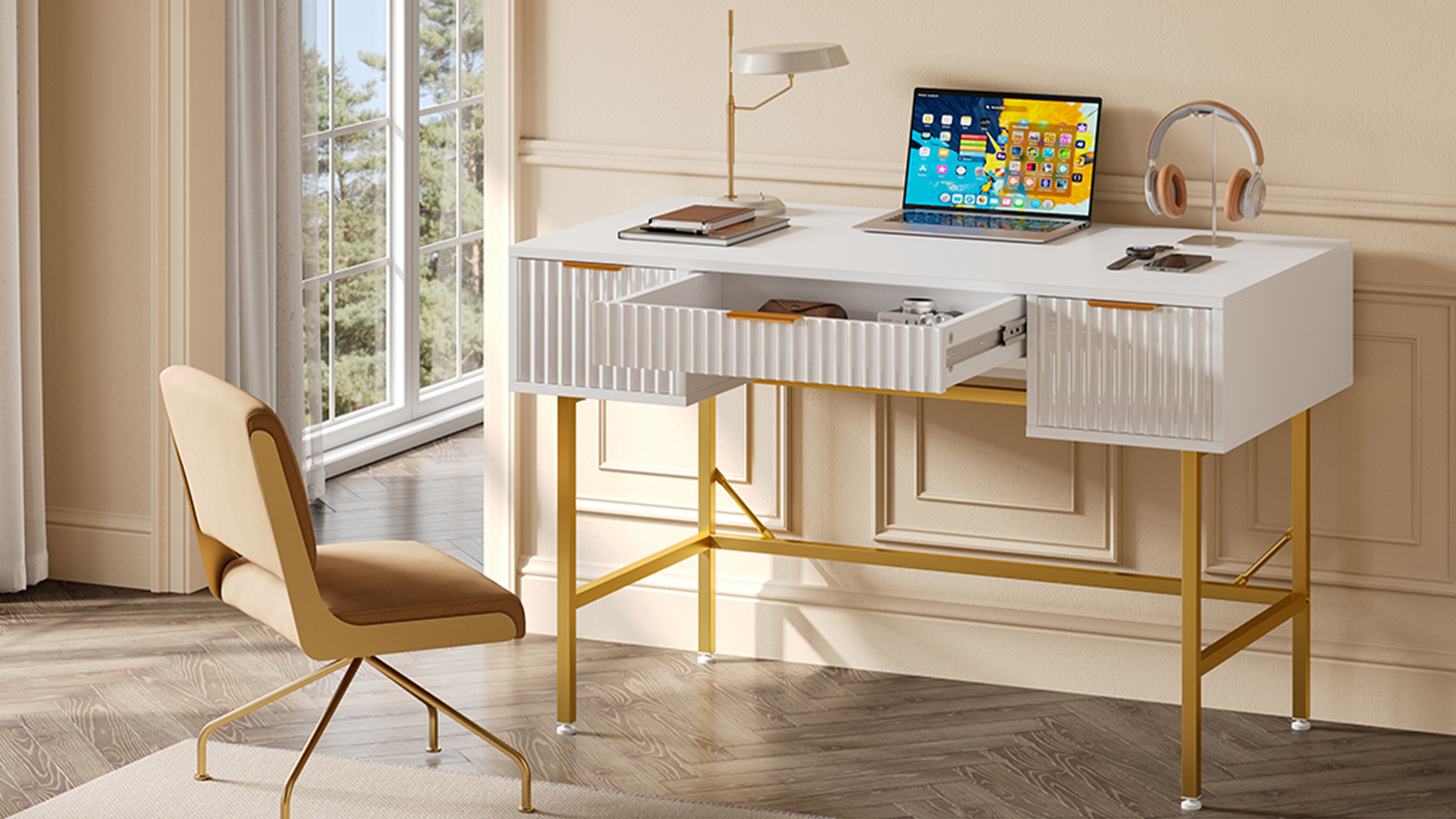 thumbnail video image 2 of Bestier 47.6" Fluted Vanity Makeup Desk, Big Computer Writing Desk with 3 Drawers, White & Gold, 2 of 10