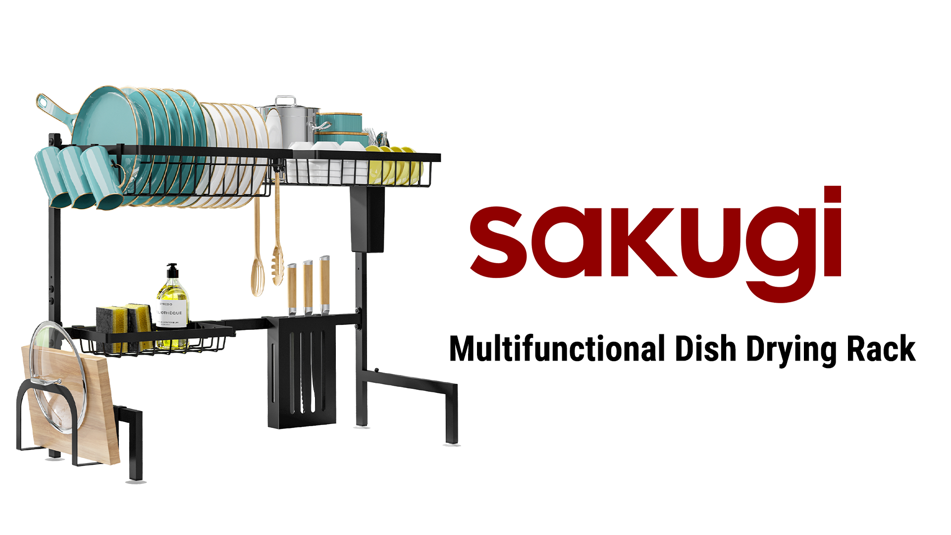 thumbnail video image 2 of Sakugi Over The Sink Dish Drying Rack, 30" -33.9" L x 11" W x 21" H Expandable Dish Drainer, Stainless Steel Dish Rack, Black, 2 of 9