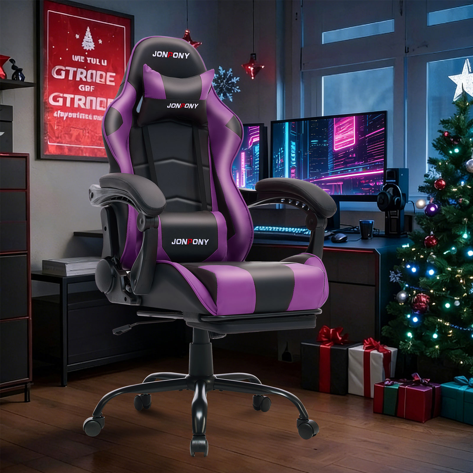 thumbnail video image 2 of JONPONY Big and Tall 500LBS Gaming Chair, Ergonomic Design, Gamer Chair PU Leather with Footrest and Lumbar Support, High Back Office Chair Support, Long Sitting Computer Chair, Purple, 2 of 9