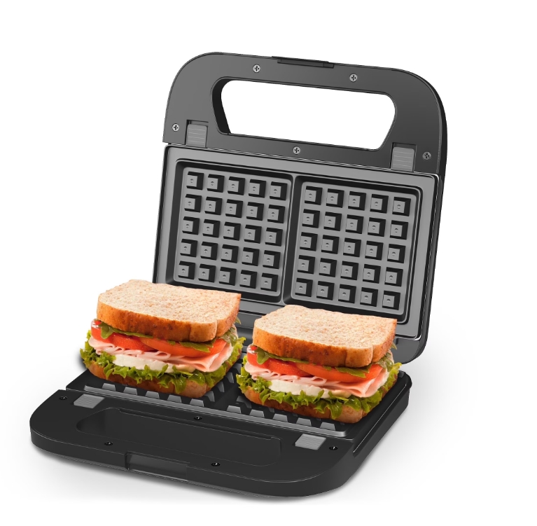 thumbnail video image 2 of Sunvivi 3 in 1 Electric Sandwich Maker with Removable Non-Stick Plates, Indicator Lights & Cool Touch Handle, 750W, Black, 2 of 10