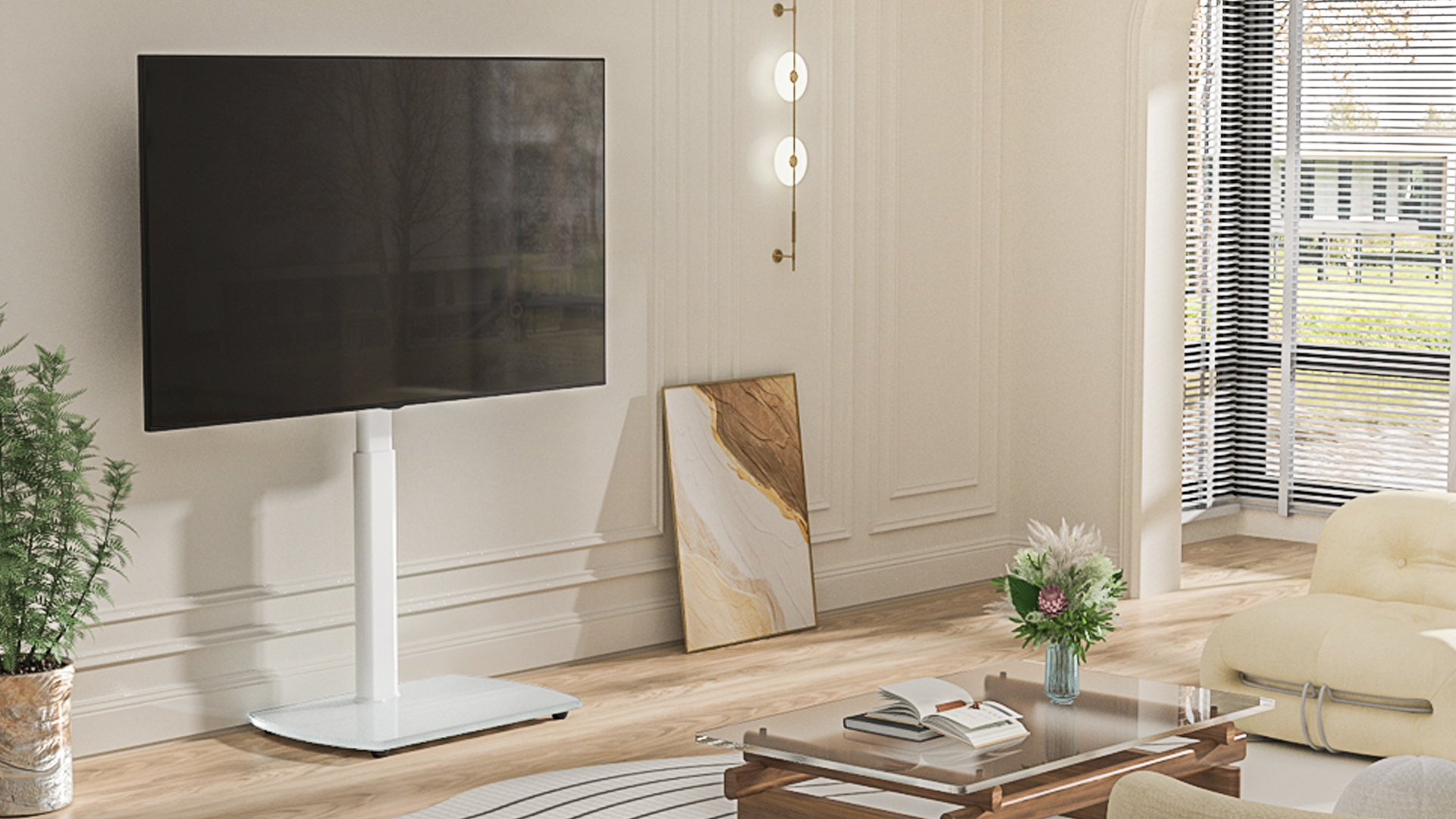 thumbnail video image 2 of RTVR Modern Swivel Floor TV Stand for 27 to 70 inch Flat Curved Screens, Glass Base with Apple TV Roku Ultra Mount, White, 2 of 10