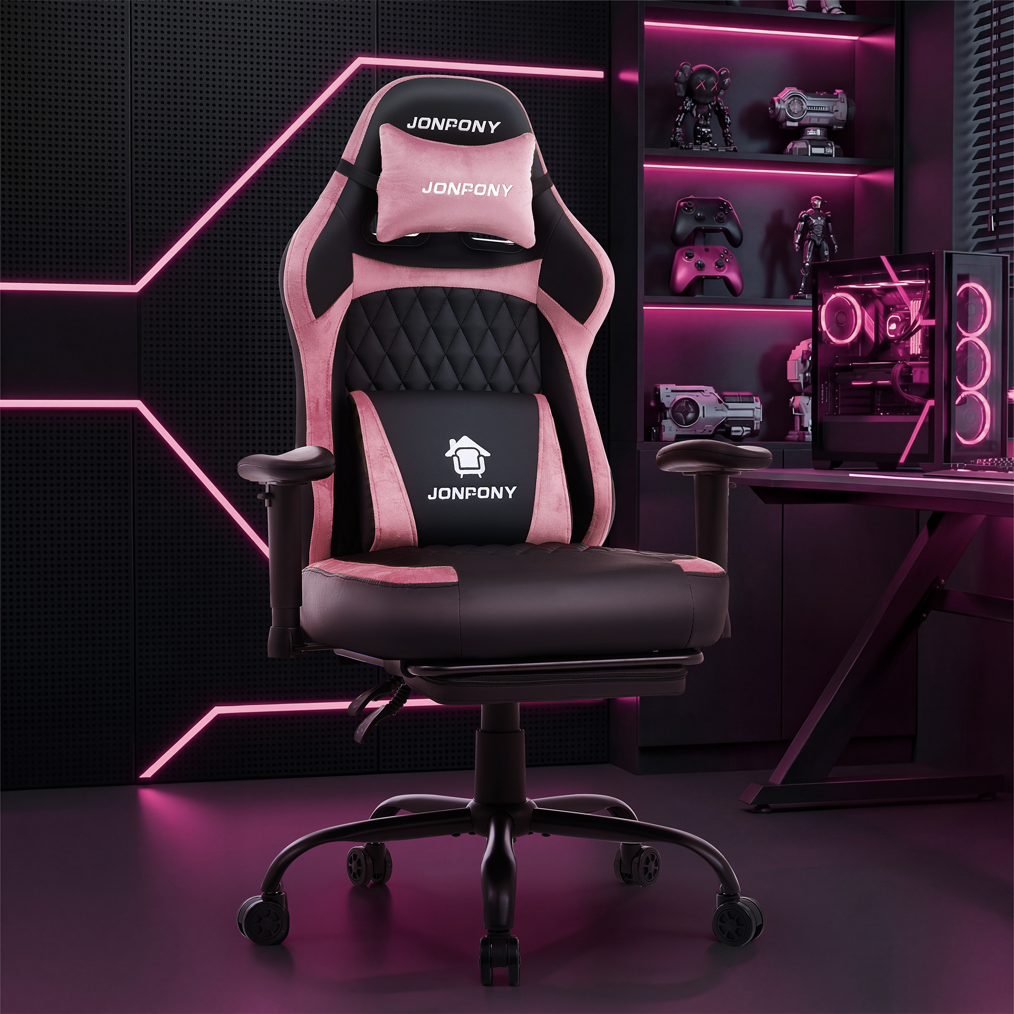 thumbnail video image 2 of JONPONY Big and Tall 500LBS Ergonomic Gaming Chair, Gamer Chair PU Leather with Footrest and Lumbar Support, High Back Office Chair Support 8 Hours Long Sitting, Computer Chair,2D Armrests，Pink, 2 of 9